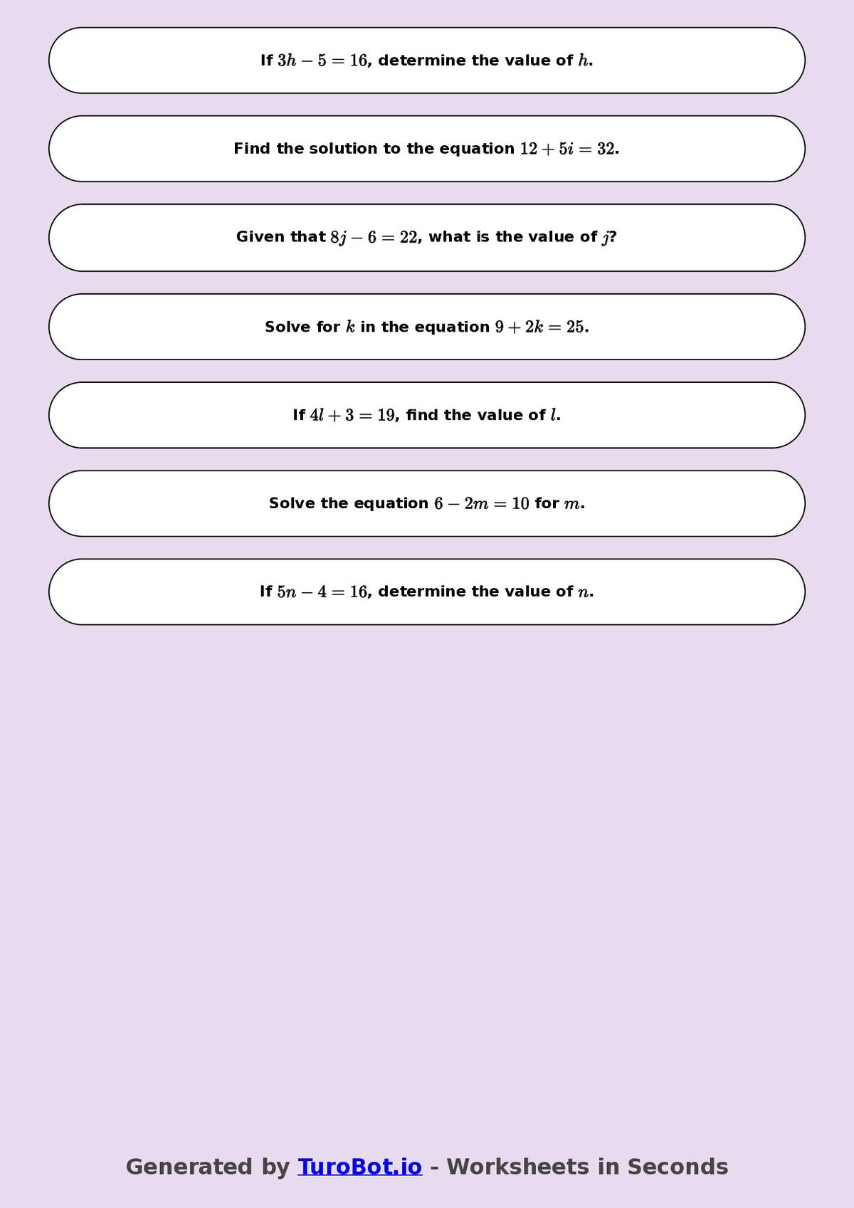 Math - One Step Equations Exercise 6 - Year 7 - Exercise 6