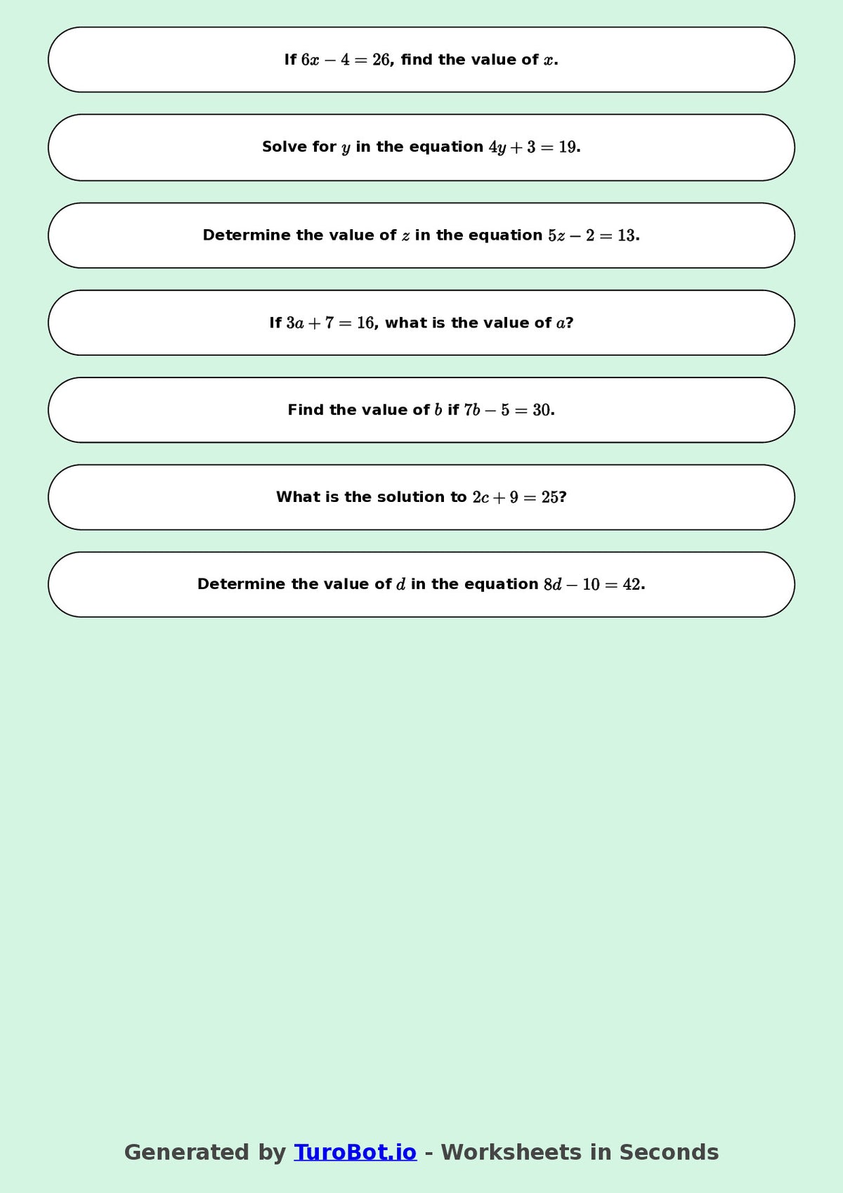 Math - One Step Equations Exercise 8 - Year 7 - Exercise 8