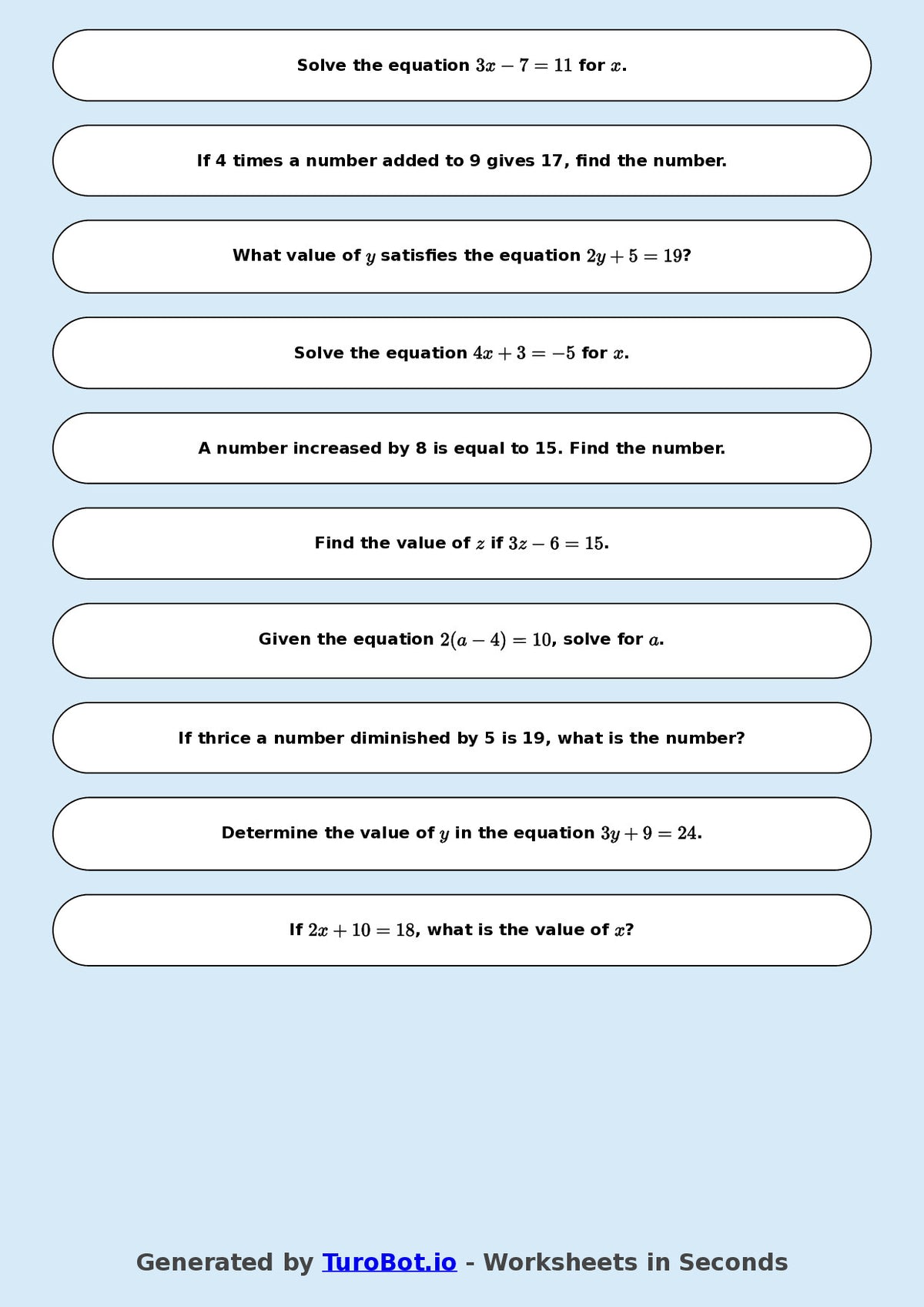 Math - Two Step Equations Exercise 10 - Year 7 - Exercise 10