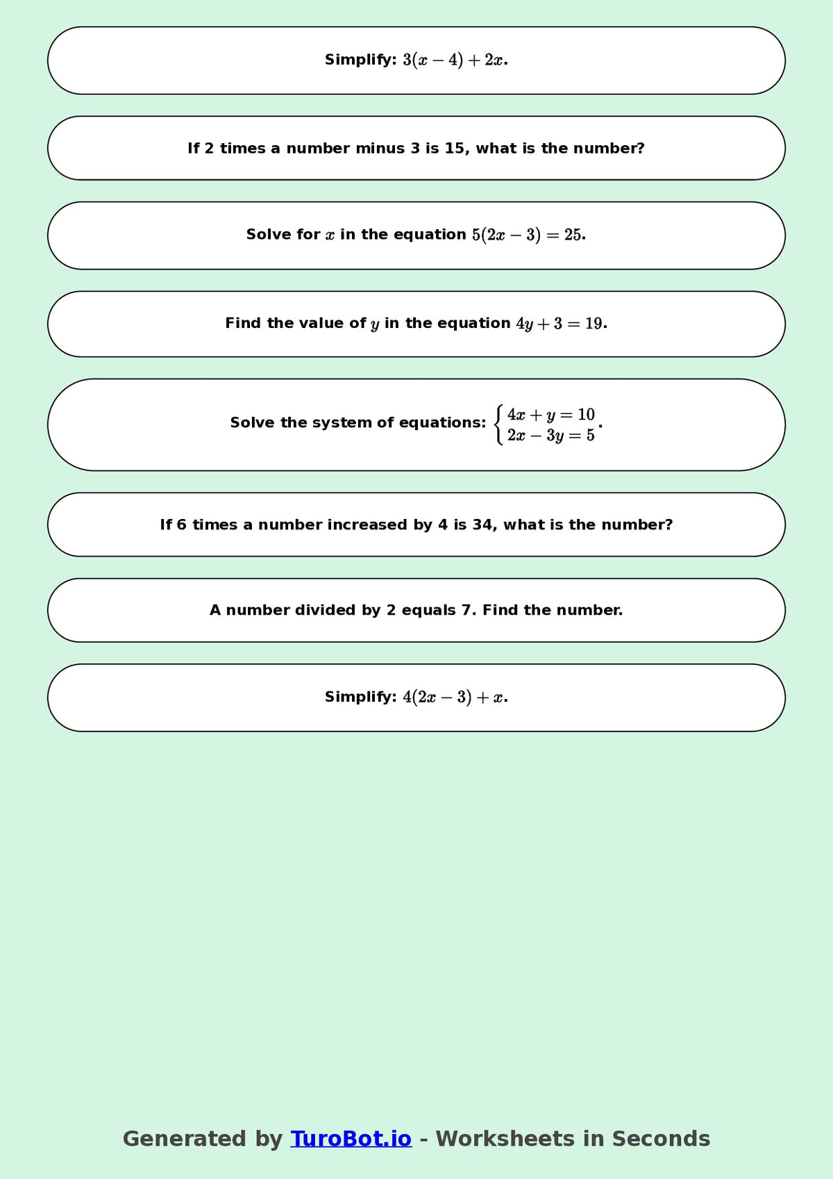 Math - Two Step Equations Exercise 4 - Year 7 - Exercise 4