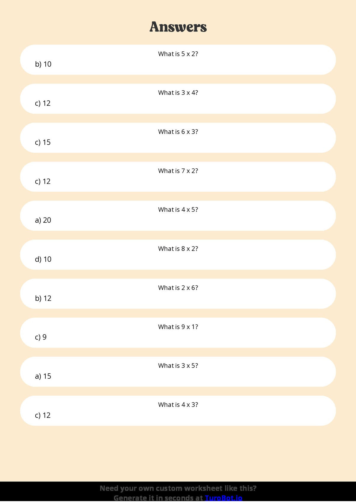Free Worksheet - Year 3 Mathematics Multiplication Facts Practice Multiple Choice