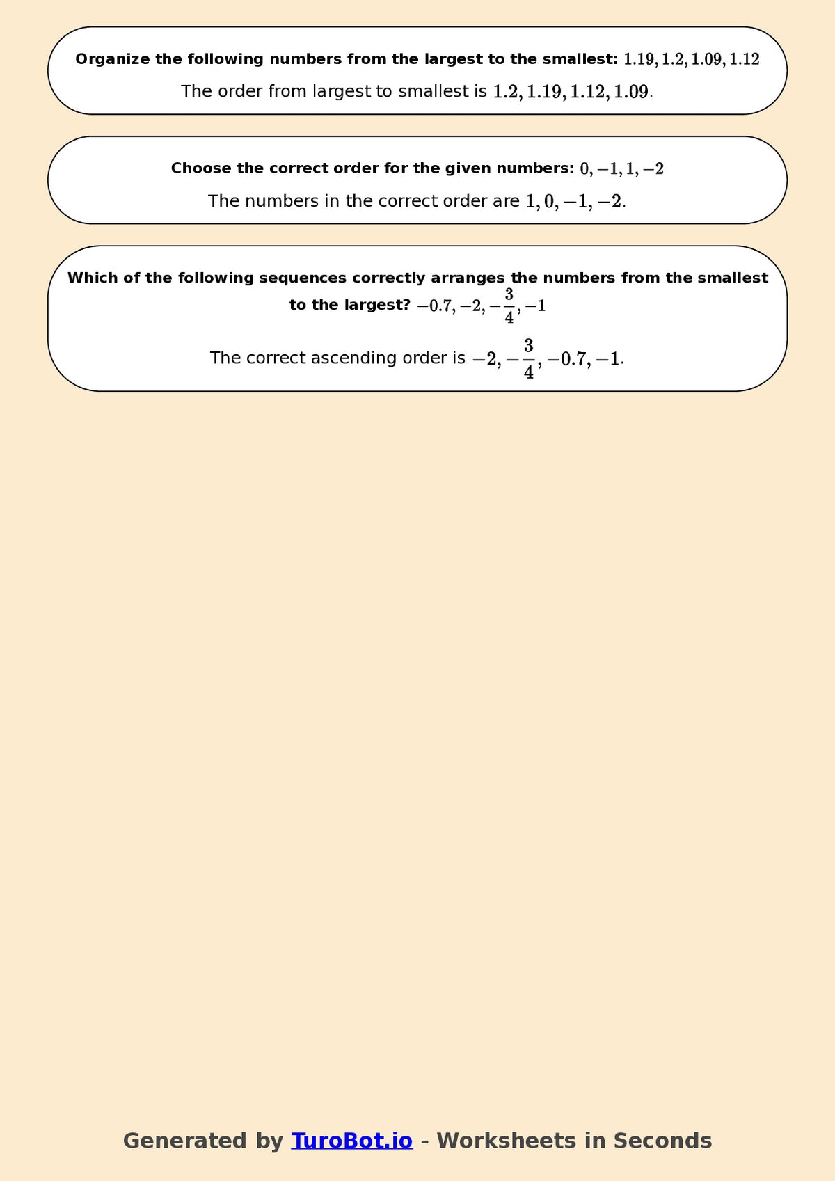 Year 6 Math Multiple Choice Worksheet – Ordering Integers and Decimals