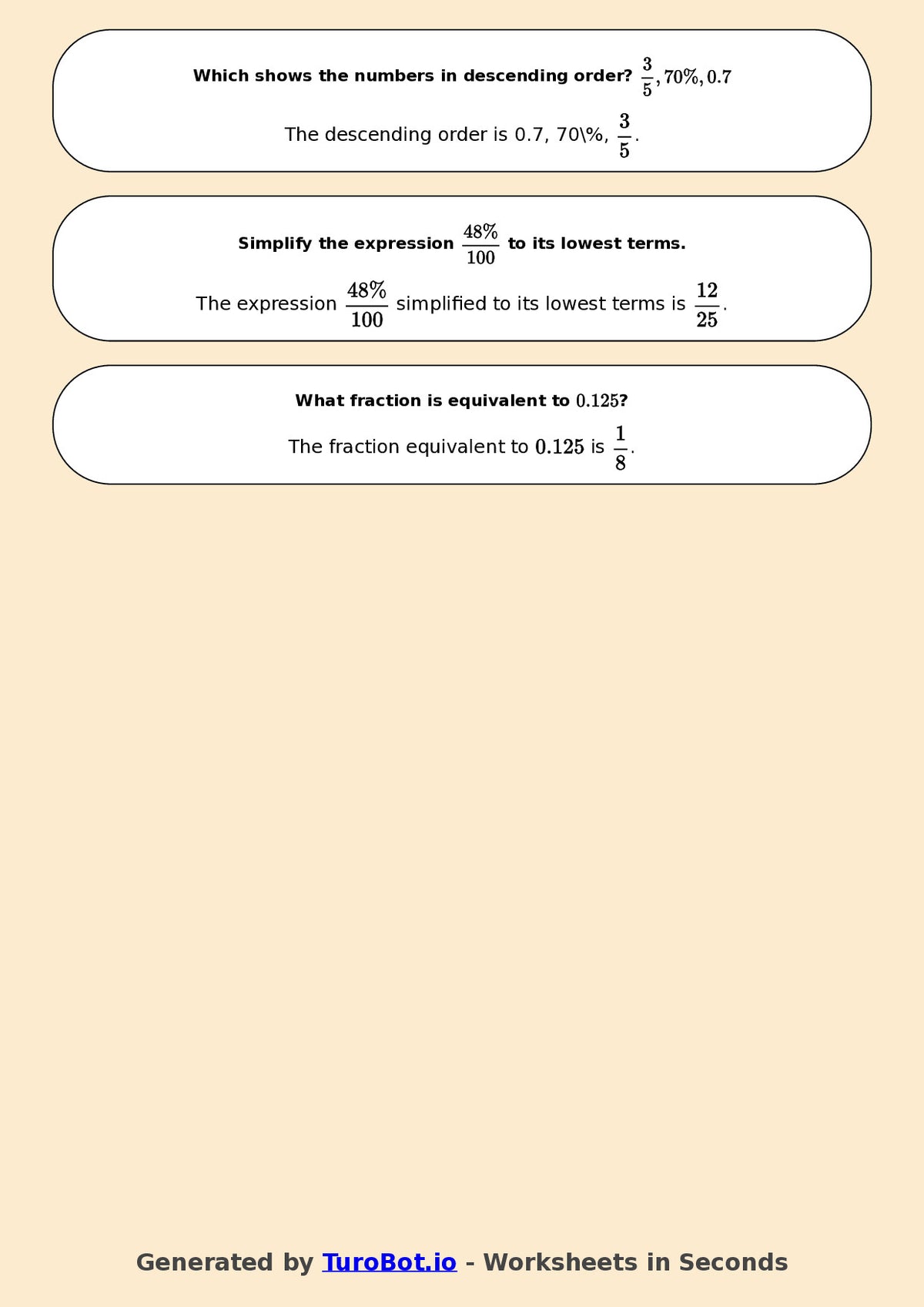 Year 7 Math Worksheet – Compare Fractions, Decimals and Percents 2