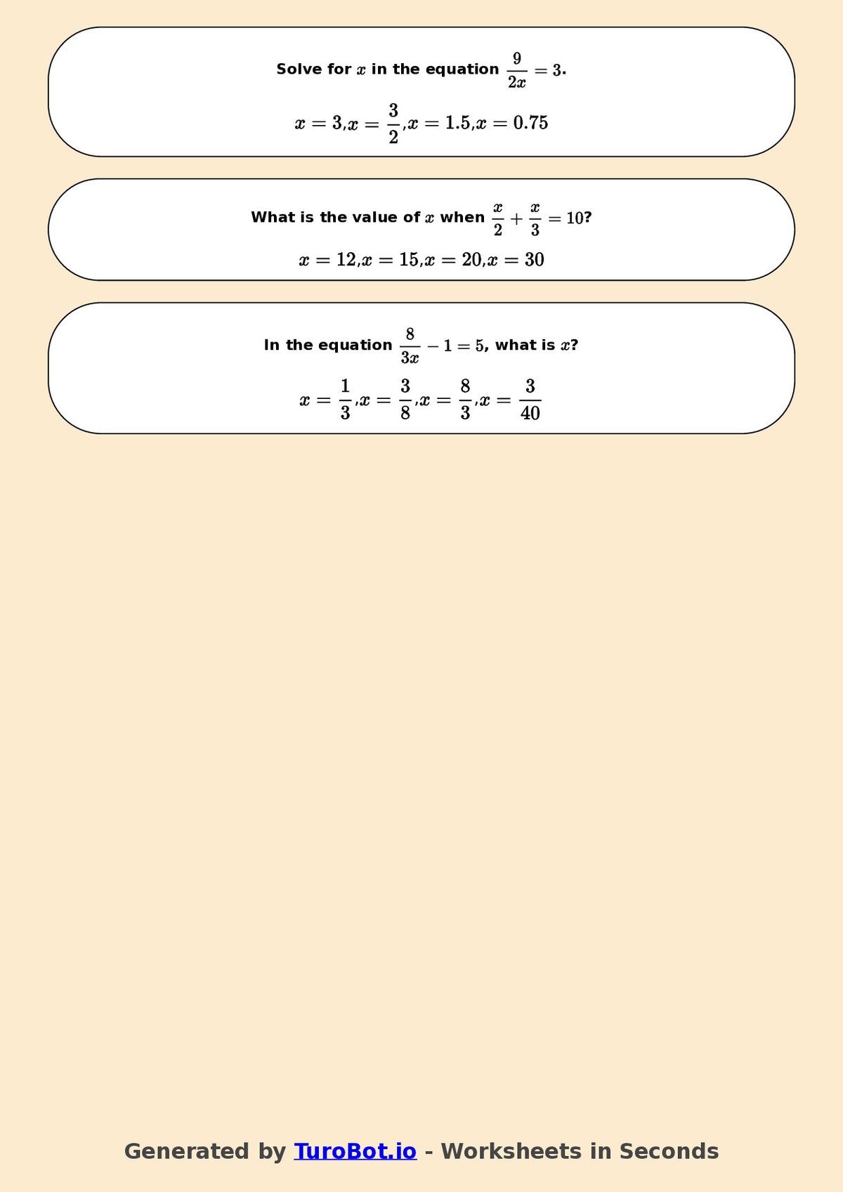 Year 7 Math Worksheet – Equations with Fractions
