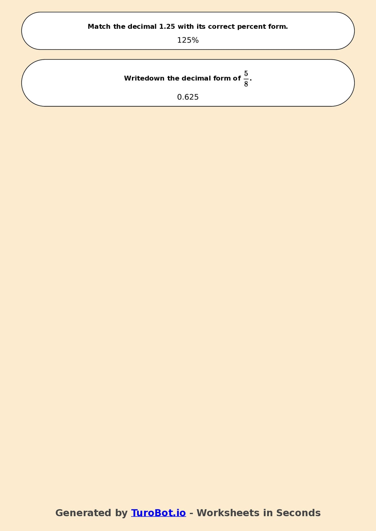 Year 7 Math Worksheet – Fraction, Decimal and Percent Matching