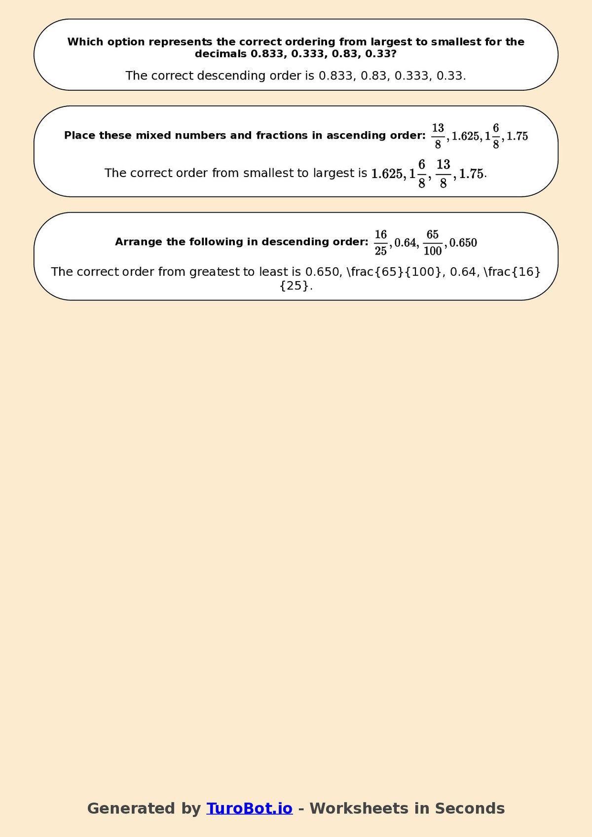 Year 7 Math Worksheet – Ordering Fractions and Decimals 2