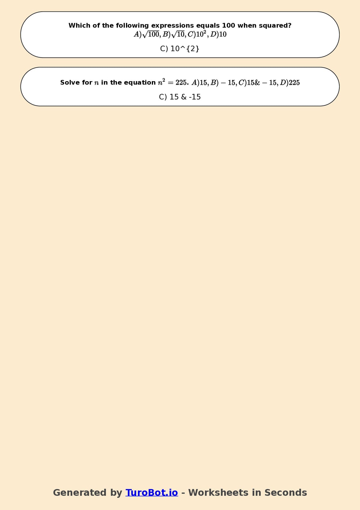 Year 7 Math Worksheet – Square Numbers and Square Roots