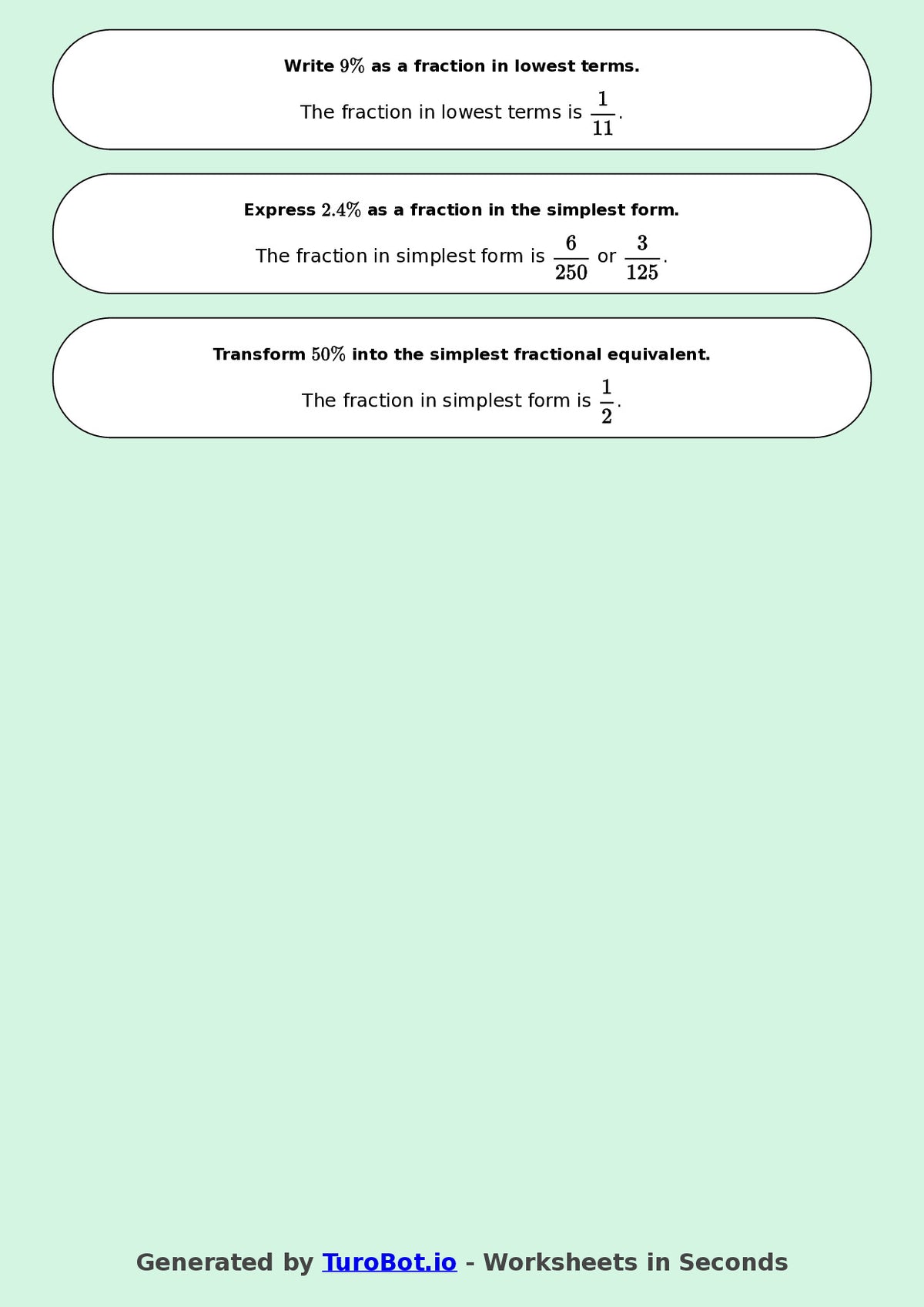 Year 8 Math Worksheet – Convert Percentages to Fractions