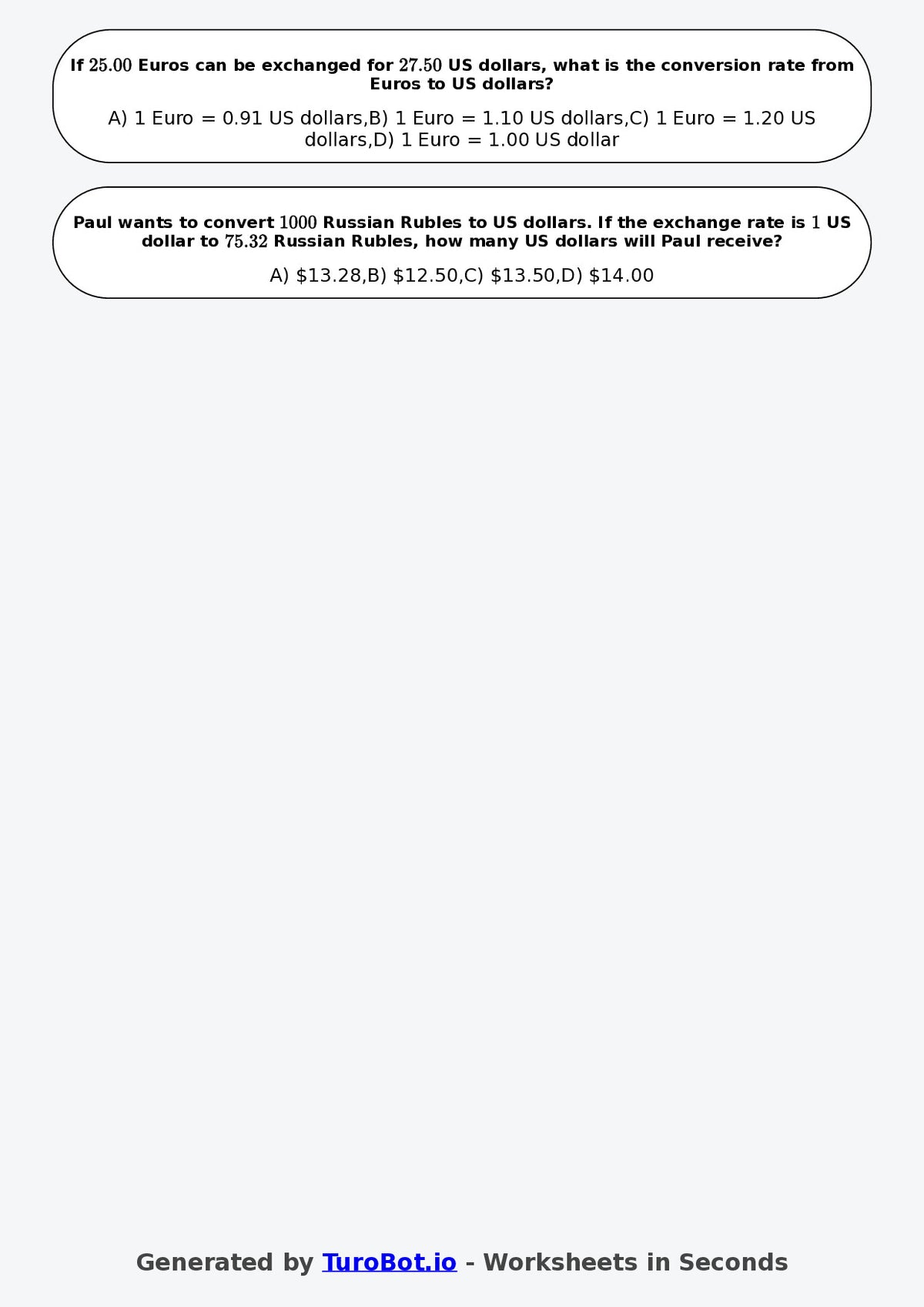 Year 8 Math Worksheet – Currency Conversion Ratio Problems