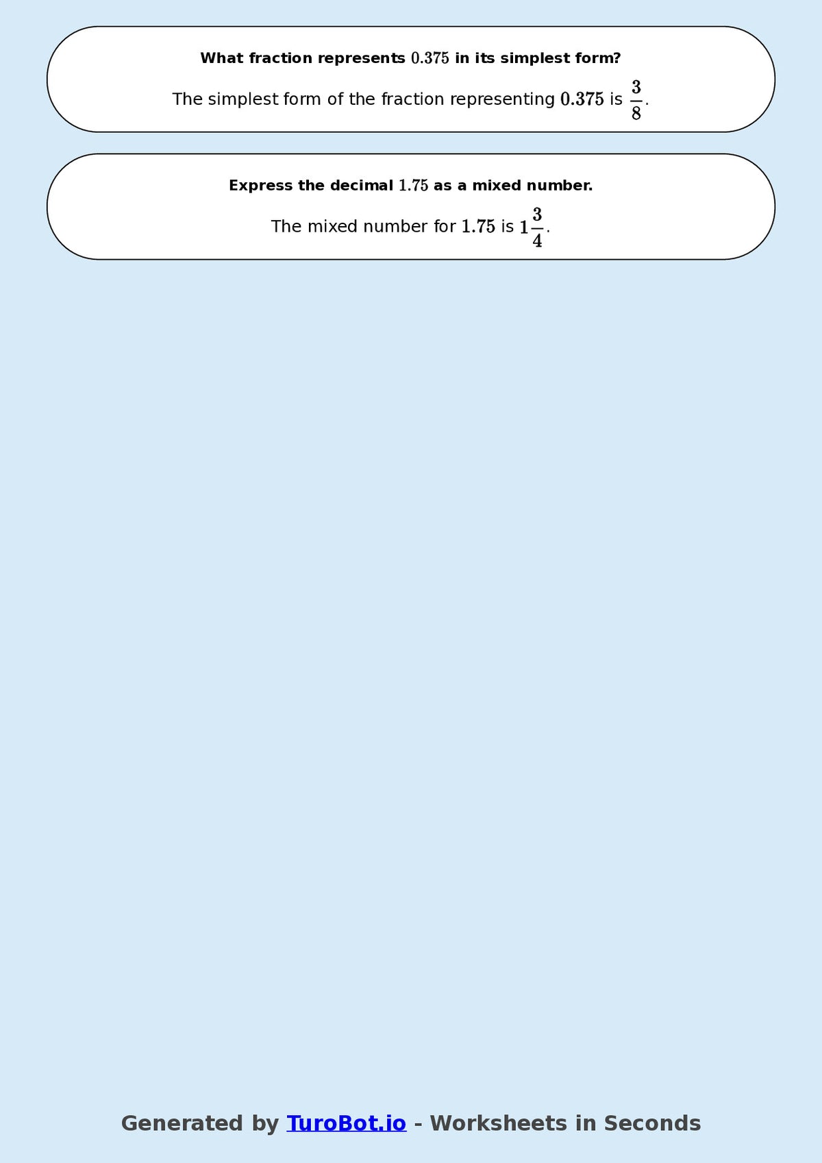 Year 8 Math Worksheet – Decimals to Fractions Basics 2