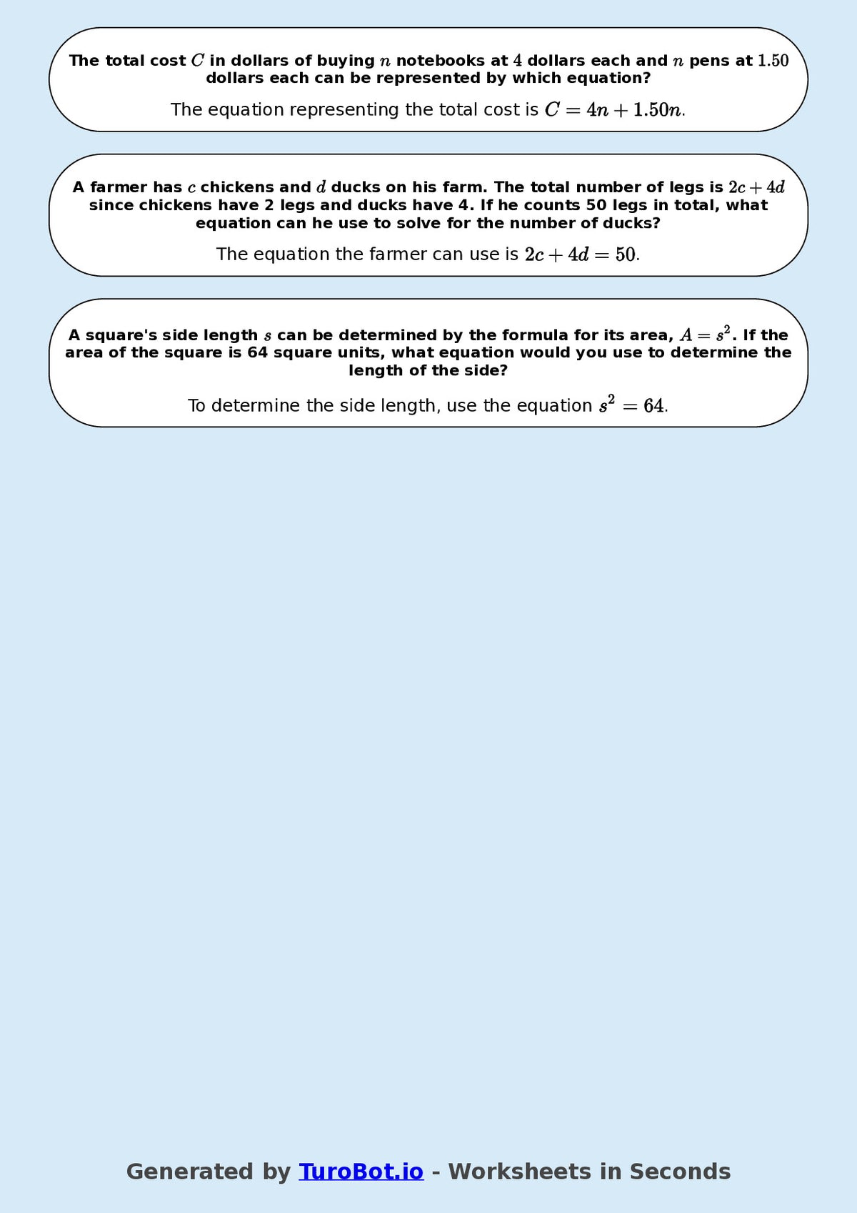 Year 8 Math Worksheet – Forming Linear Equations 2