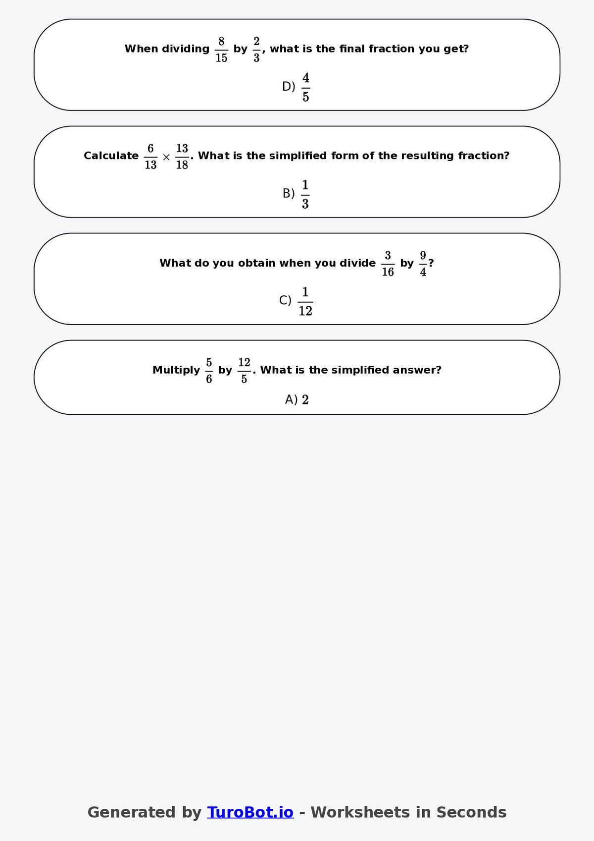 Year 8 Math Worksheet – Fraction Operations - Multiply and Divide 2