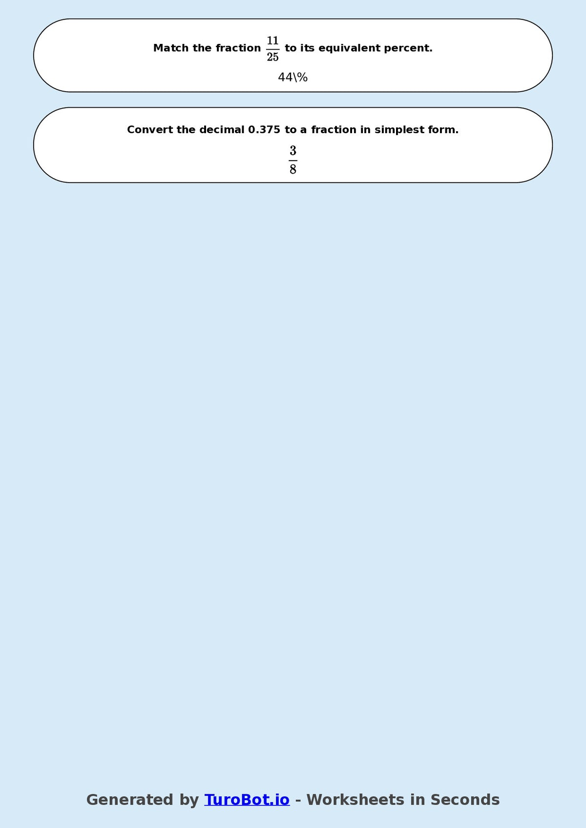 Year 8 Math Multiple Choice Worksheet – Fraction, Decimal and Percent Matching 2
