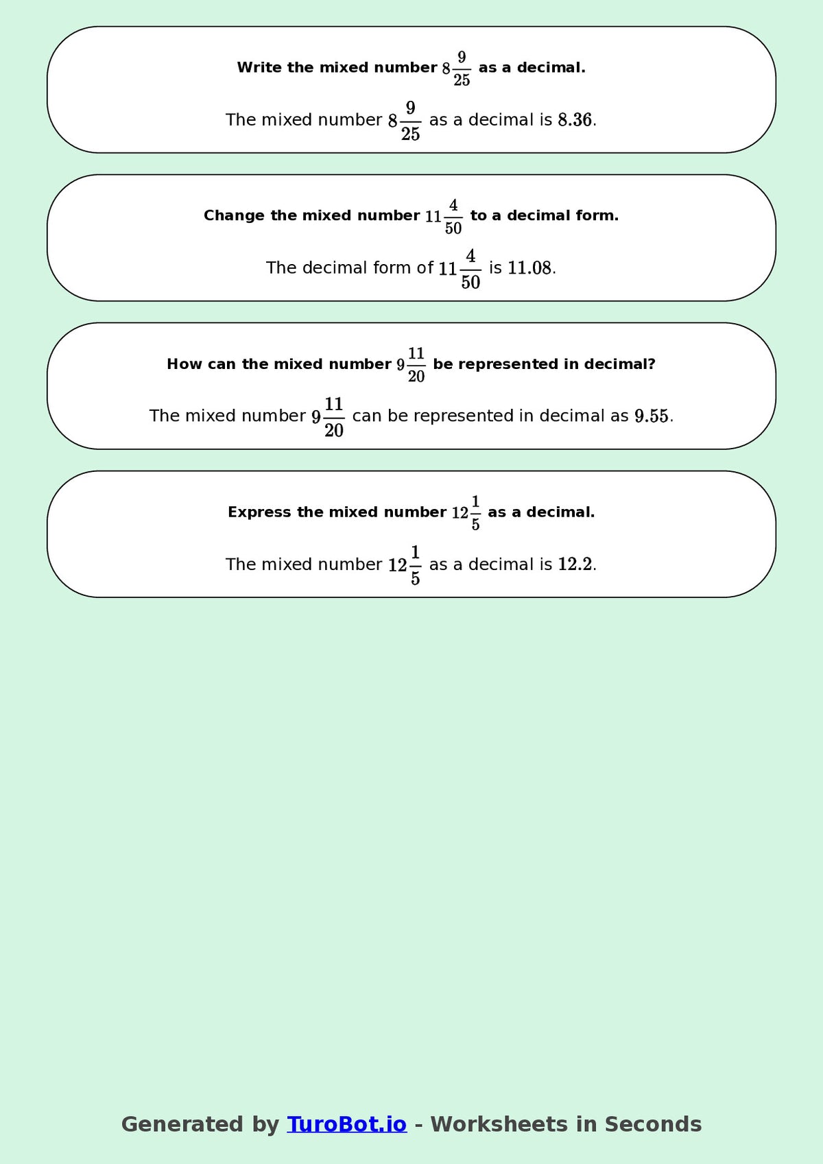 Year 9 Math Worksheet – Mixed Numbers to Decimals 2