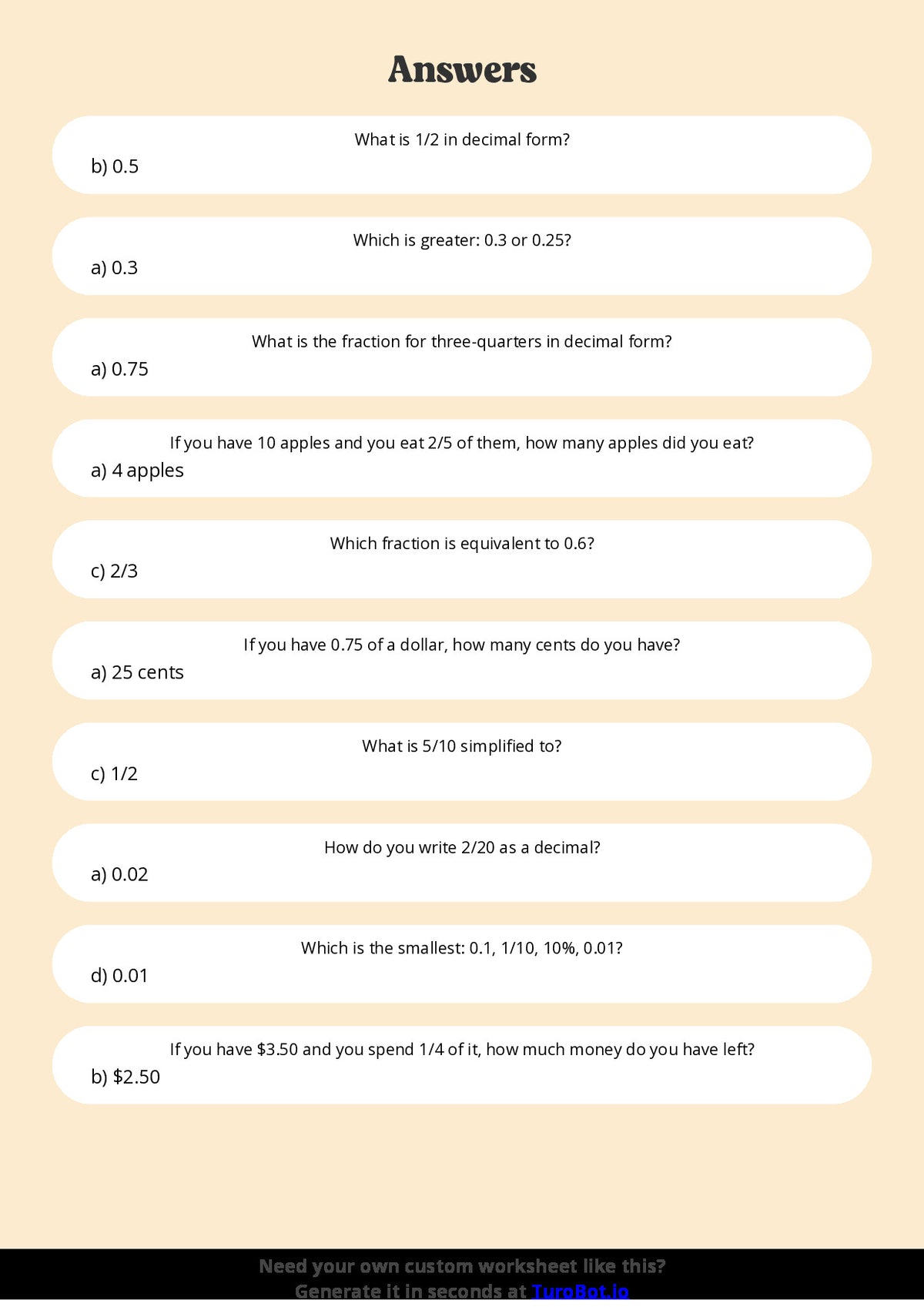 Free Worksheet - Year 4 Mathematics Fractions and Decimals Multiple Choice