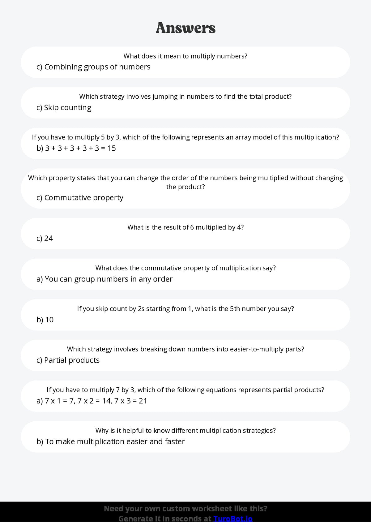 Free Worksheet - Year 5 Mathematics Multiplication Strategies Multiple Choice