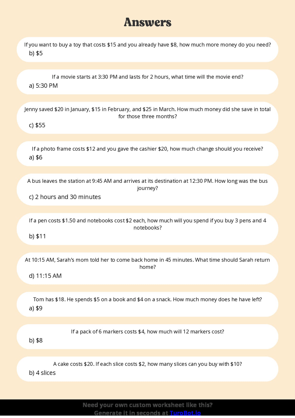 Free Worksheet - Year 5 Mathematics Time and Money Problems Multiple Choice