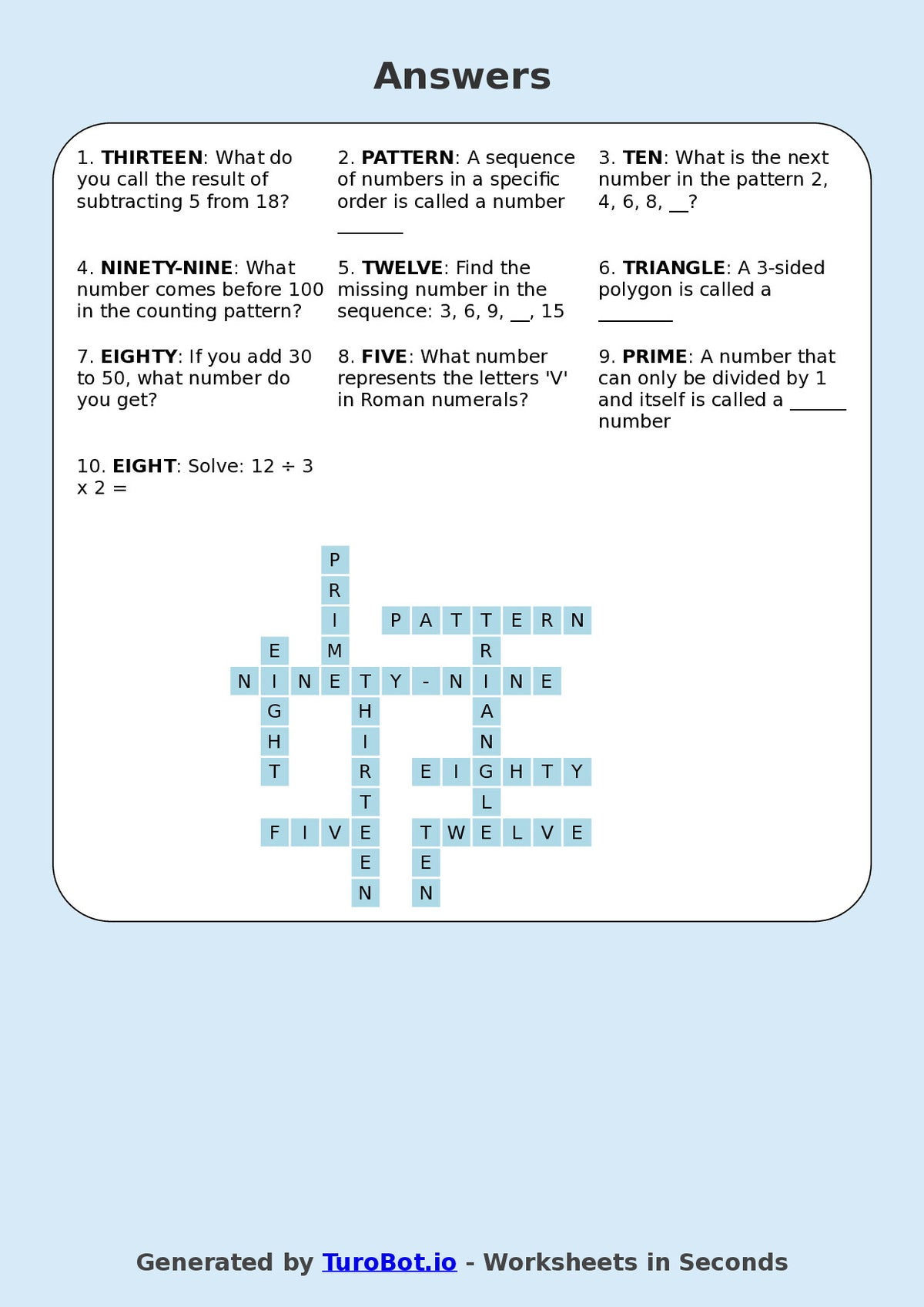 Year 6 Maths Crossword Worksheet – Number Patterns Vocabulary