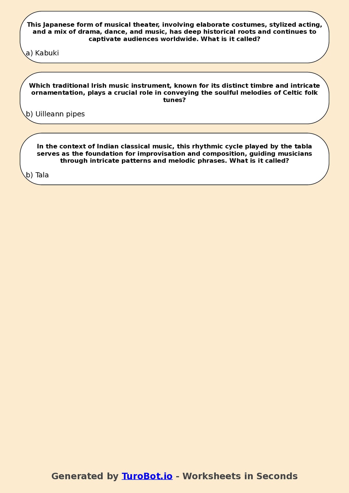 Year 12 Music Multiple Choice Worksheet – World Music Traditions