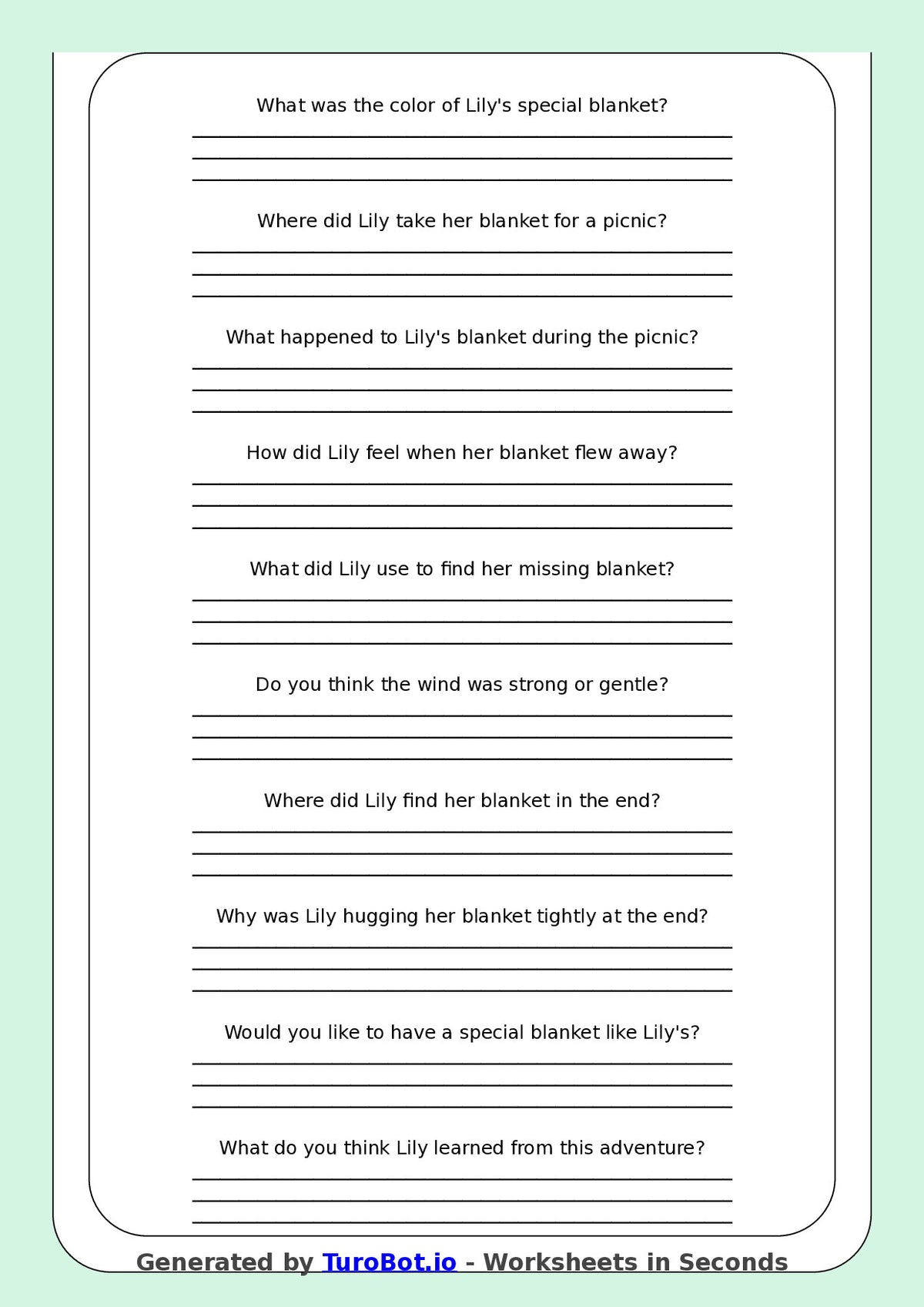 Reading Comprehension - Year 3 - My Blanket Flew Away