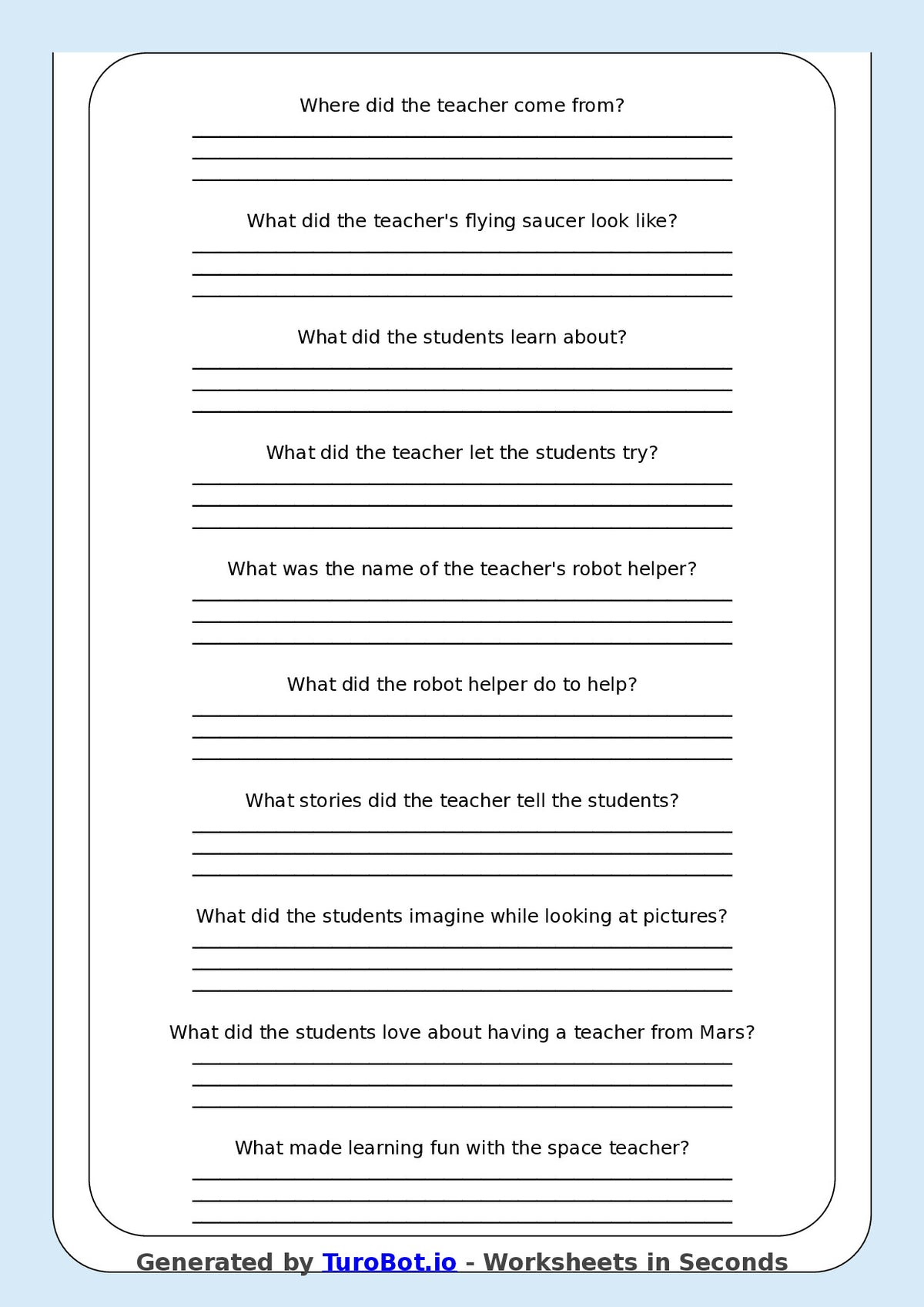 Reading Comprehension - Year 3 - My Teacher Came From Mars