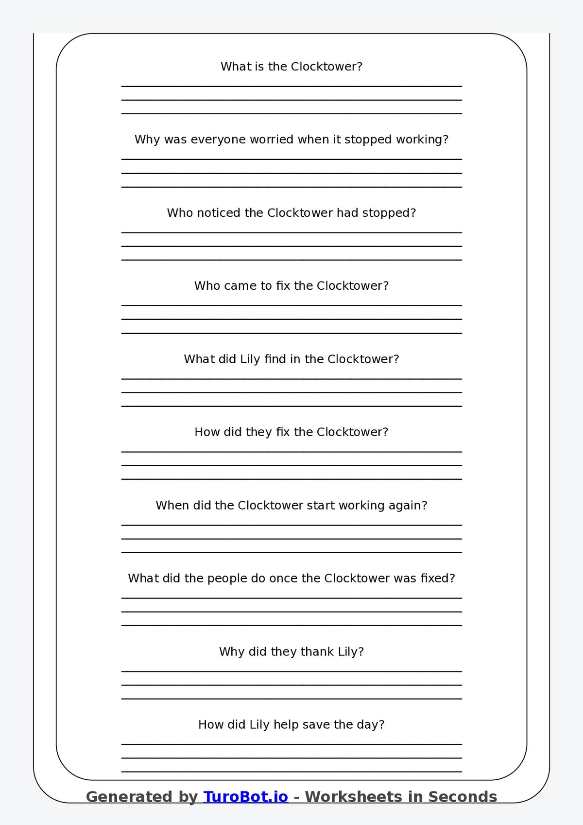 Reading Comprehension - Year 3 - The Clocktower Stopped Working