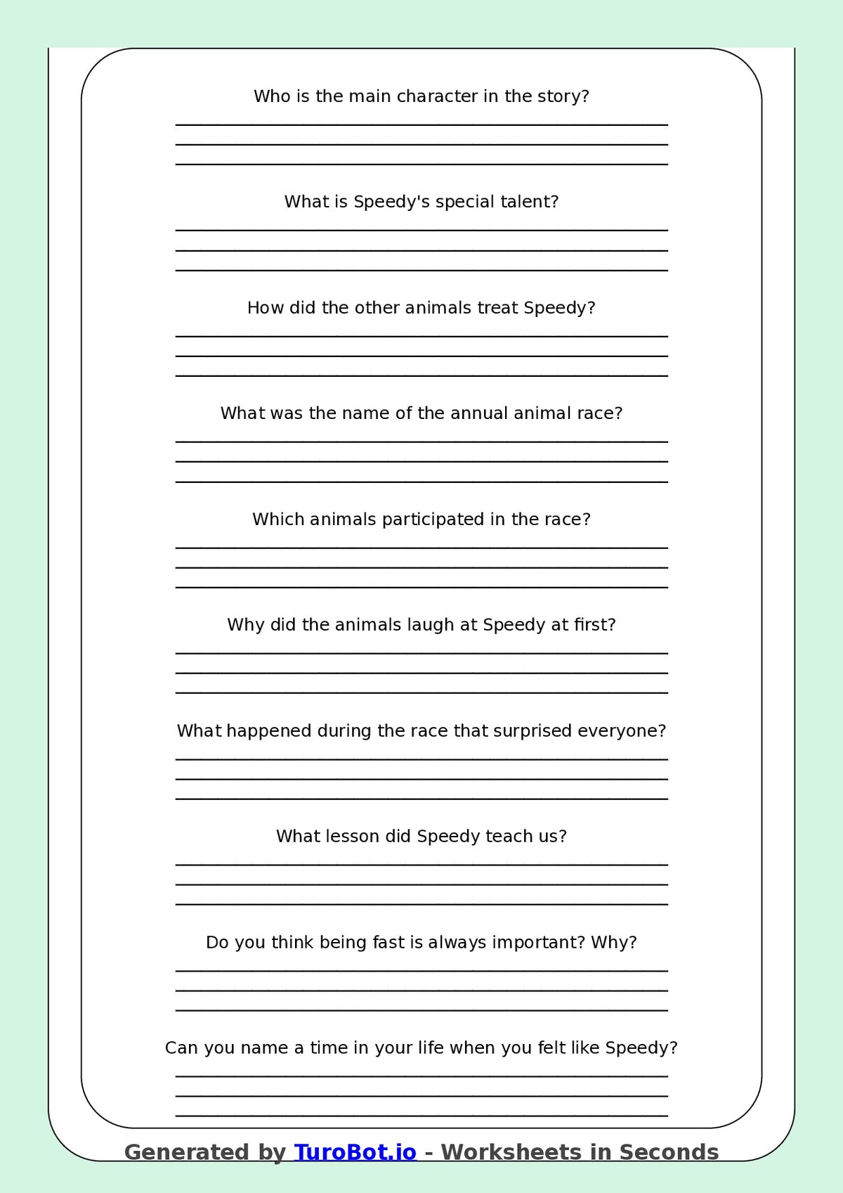 Reading Comprehension - Year 3 - The Fastest Turtle Ever