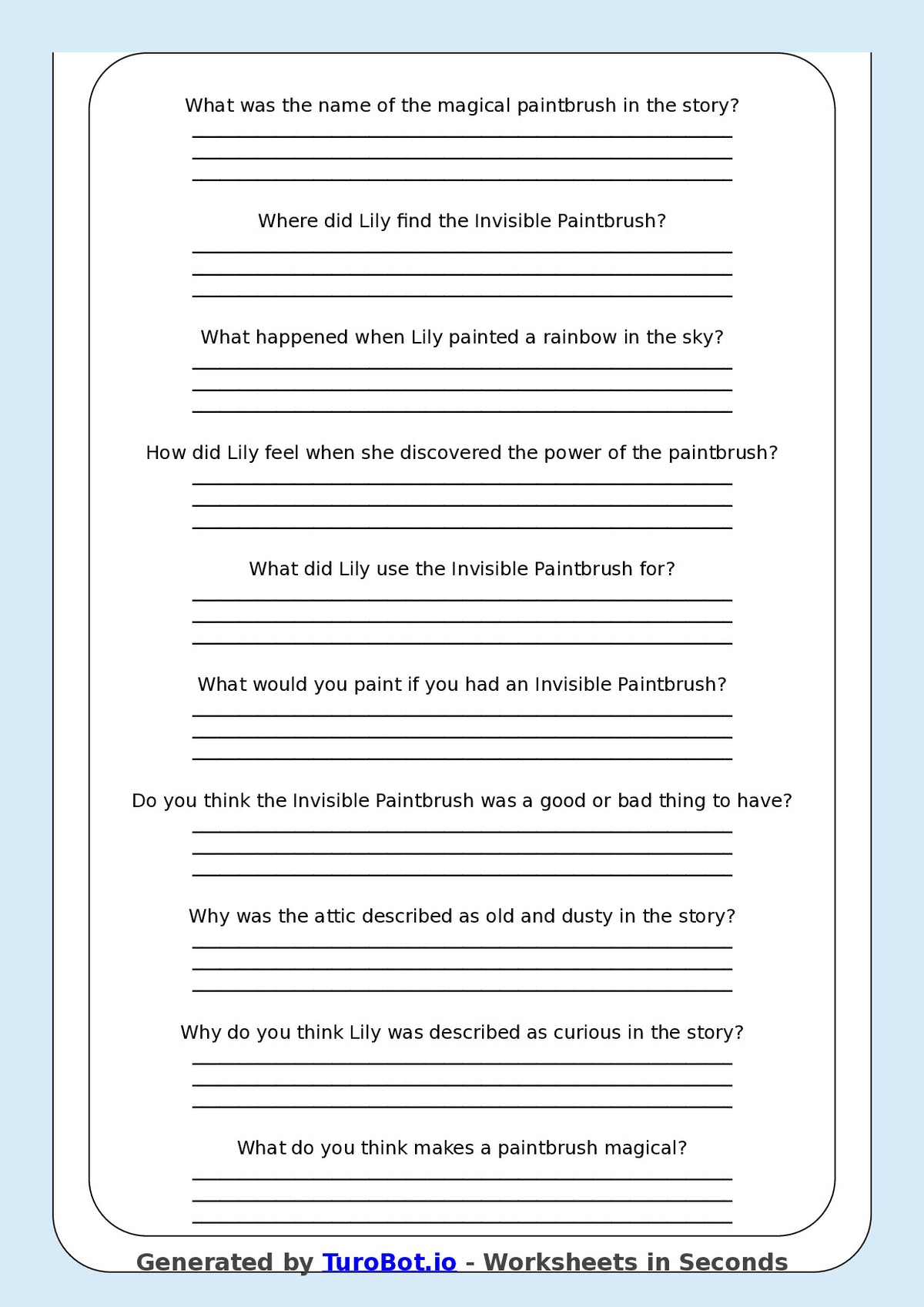 Reading Comprehension - Year 3 - The Invisible Paintbrush