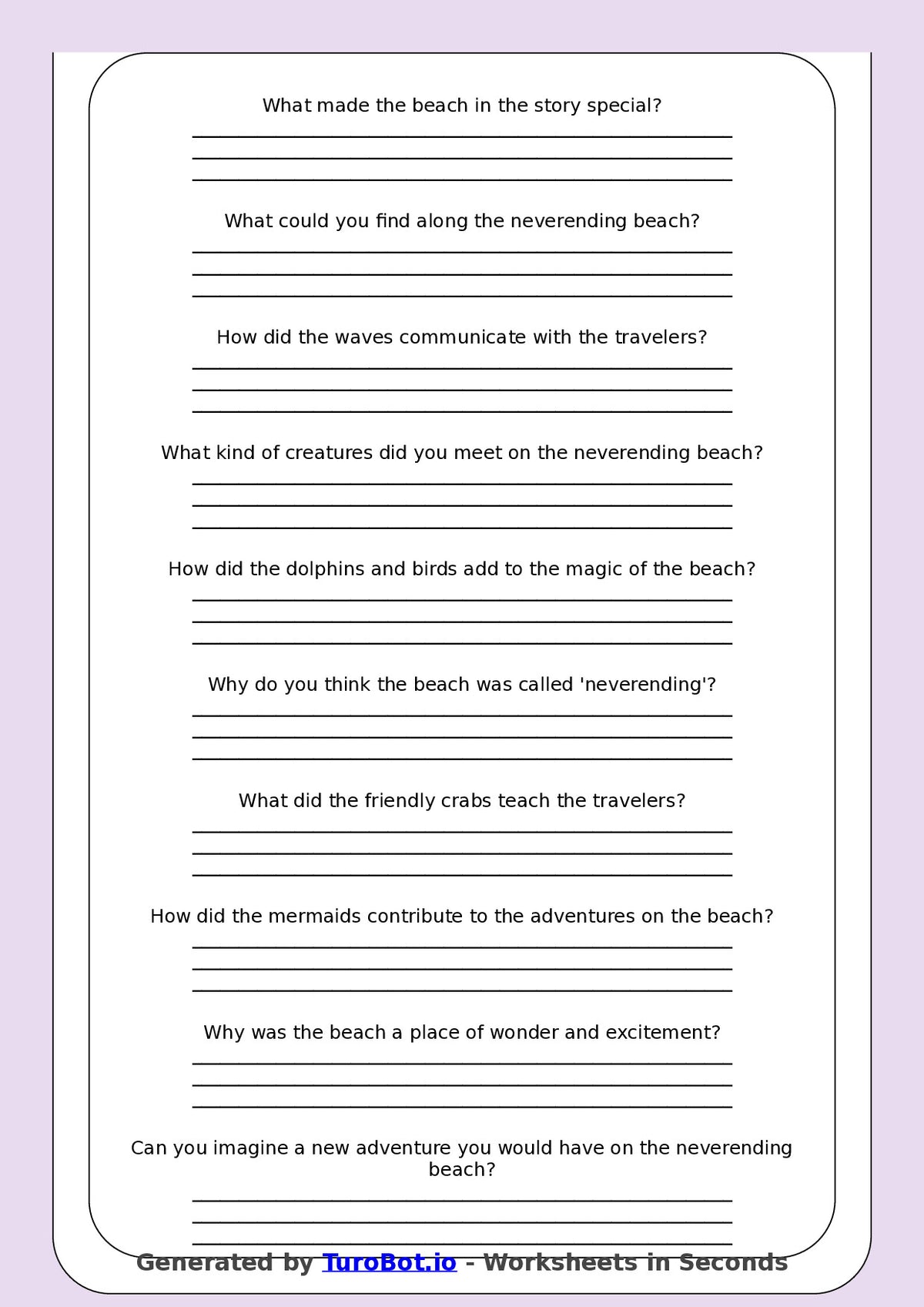 Reading Comprehension - Year 3 - The Neverending Beach