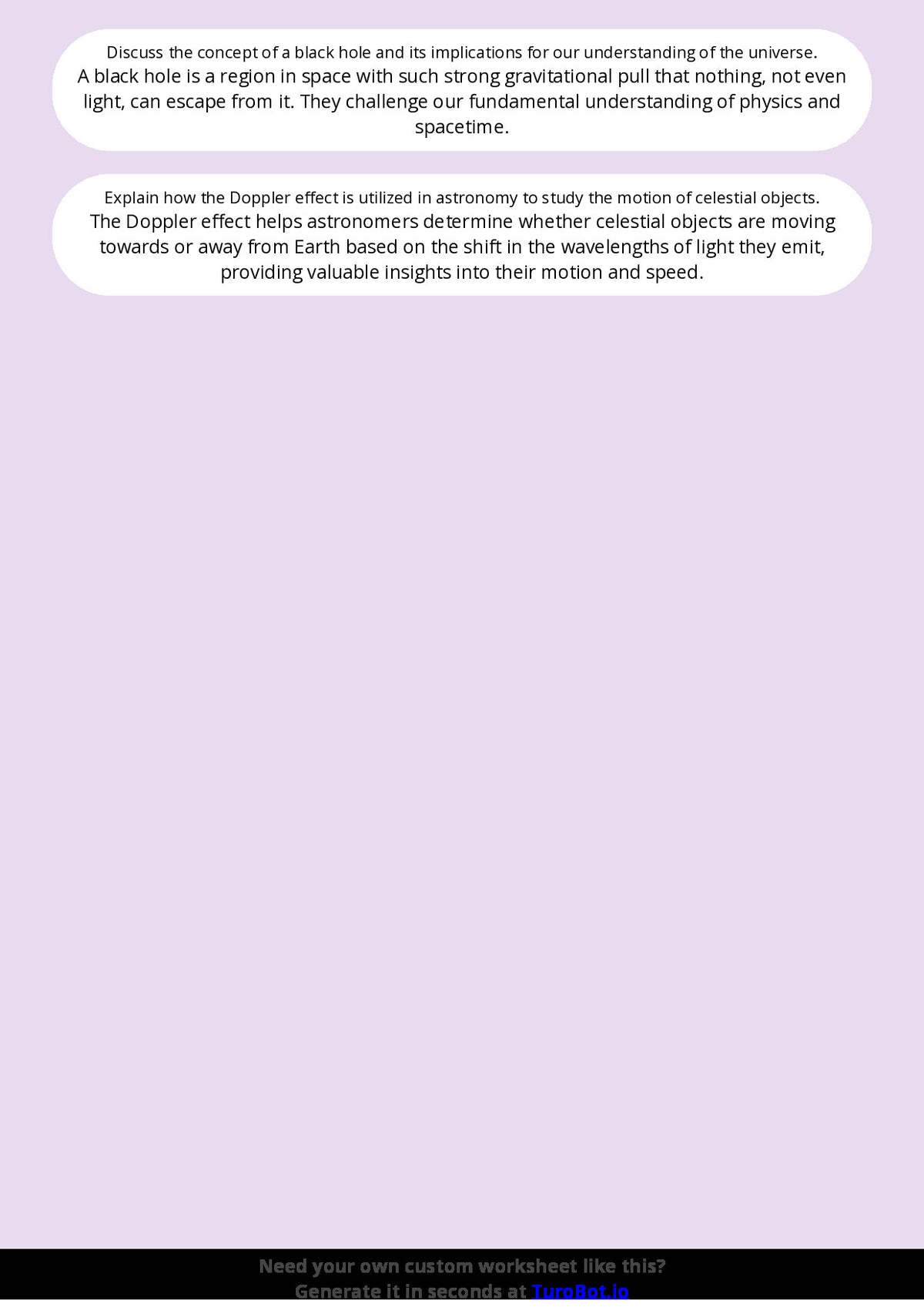 Free Worksheet - Year 9 Science The Solar System and Space Exploration Short Answer Response