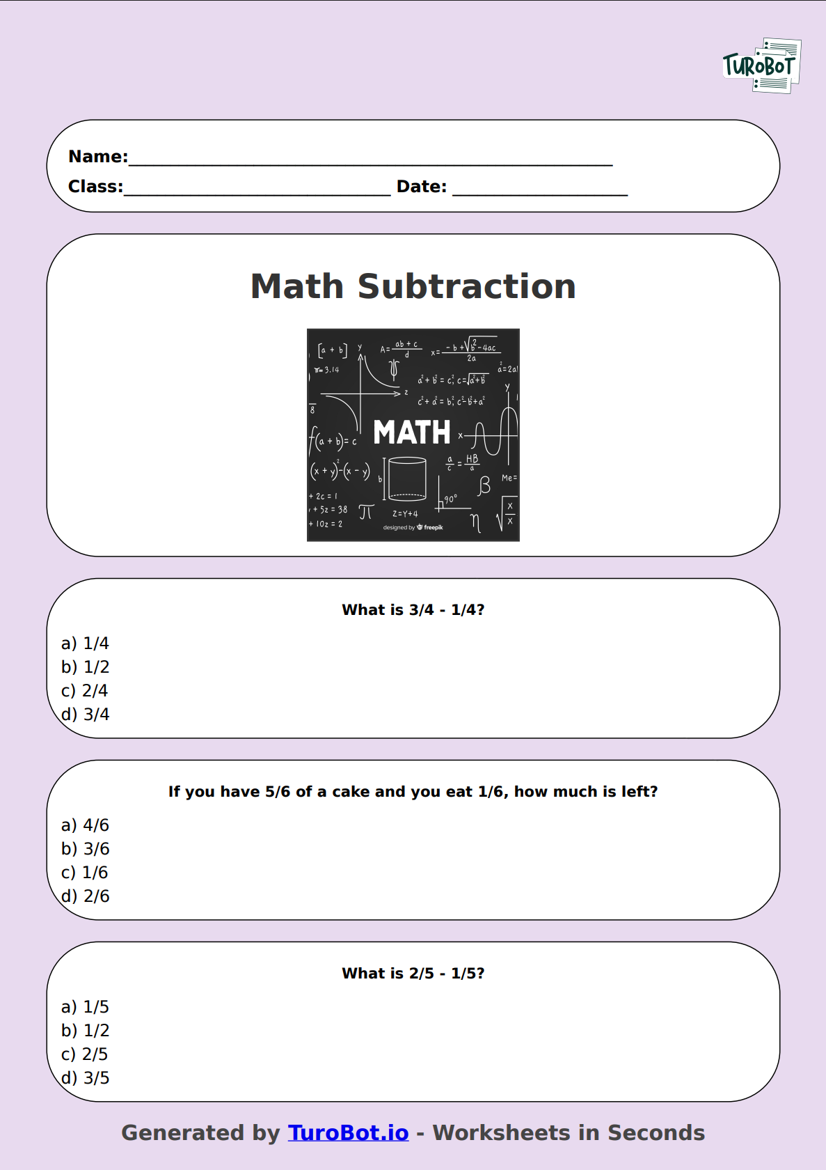 Math - Subtract Fractions (Same Denominator) - Year 3 - Easy Fraction Subtraction