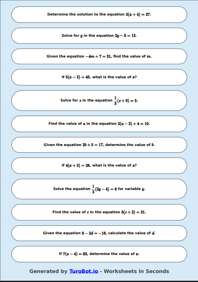 Math - Multi-Step Equations Exercise 8 - Year 7 - Exercise 8