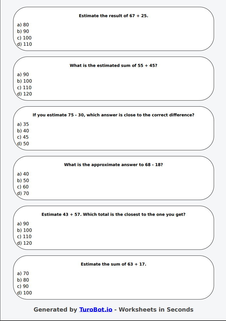 Math - Estimate Sums and Differences - Year 4 - Estimation Practice