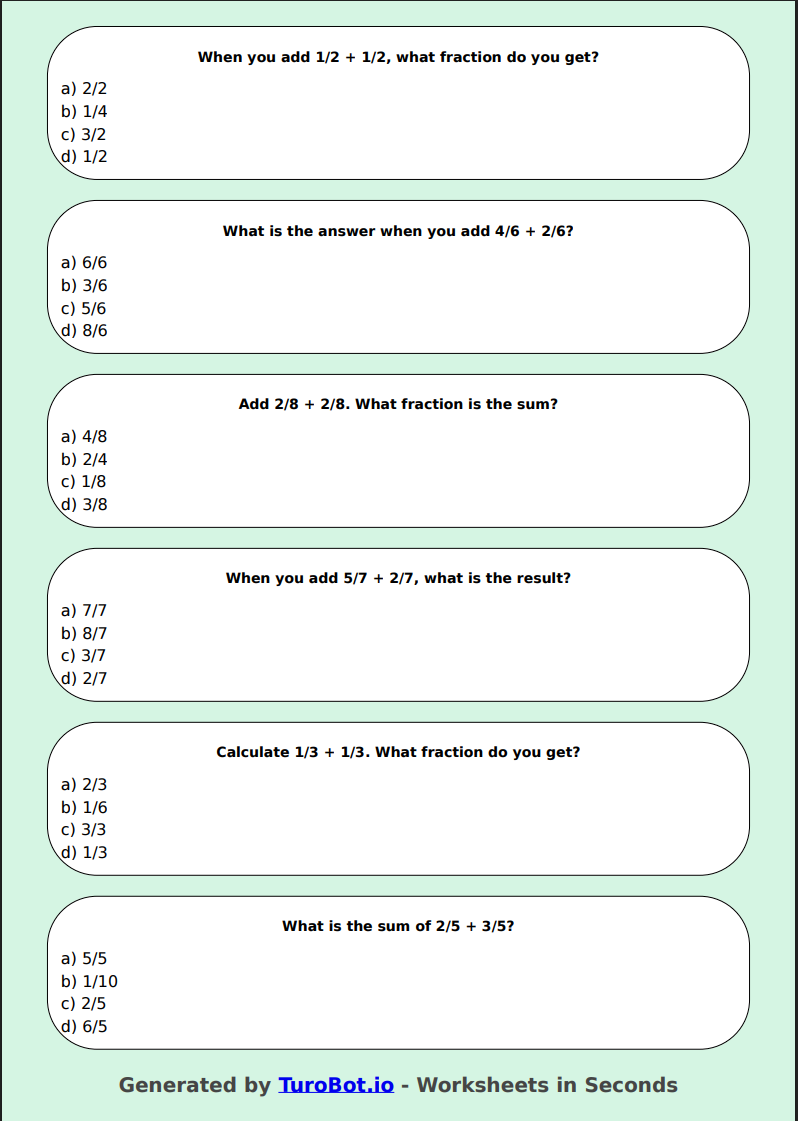 Math - Add Fractions (Same Denominator) - Year 3 - Easy Fraction Addition
