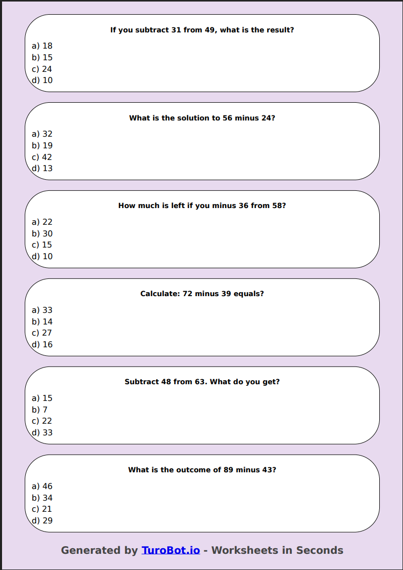 Math - 2-Digit Subtraction without Regrouping - Year 3 - Easy 2-Digit Subtraction