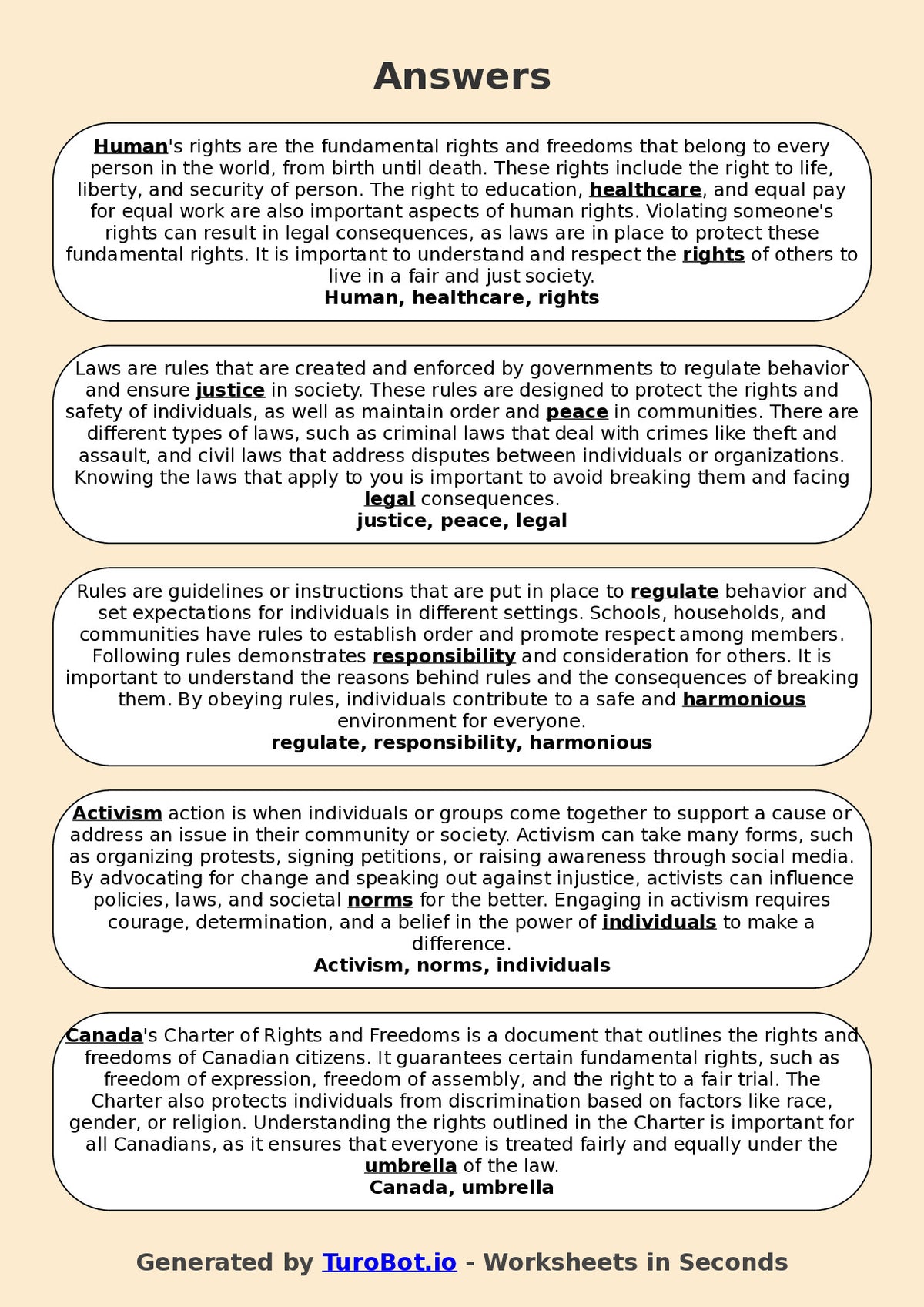 Year 6 Social Studies Fill in the Blanks Worksheet – Rules, Laws, and Rights