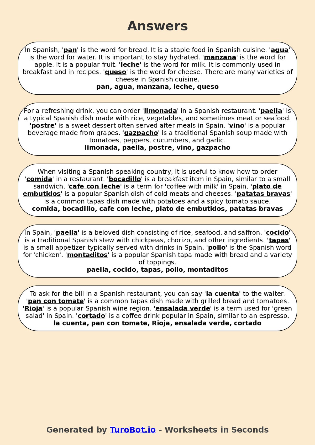 Year 6 Spanish Fill in the Blanks Worksheet – Spanish Vocabulary for Food & Drinks