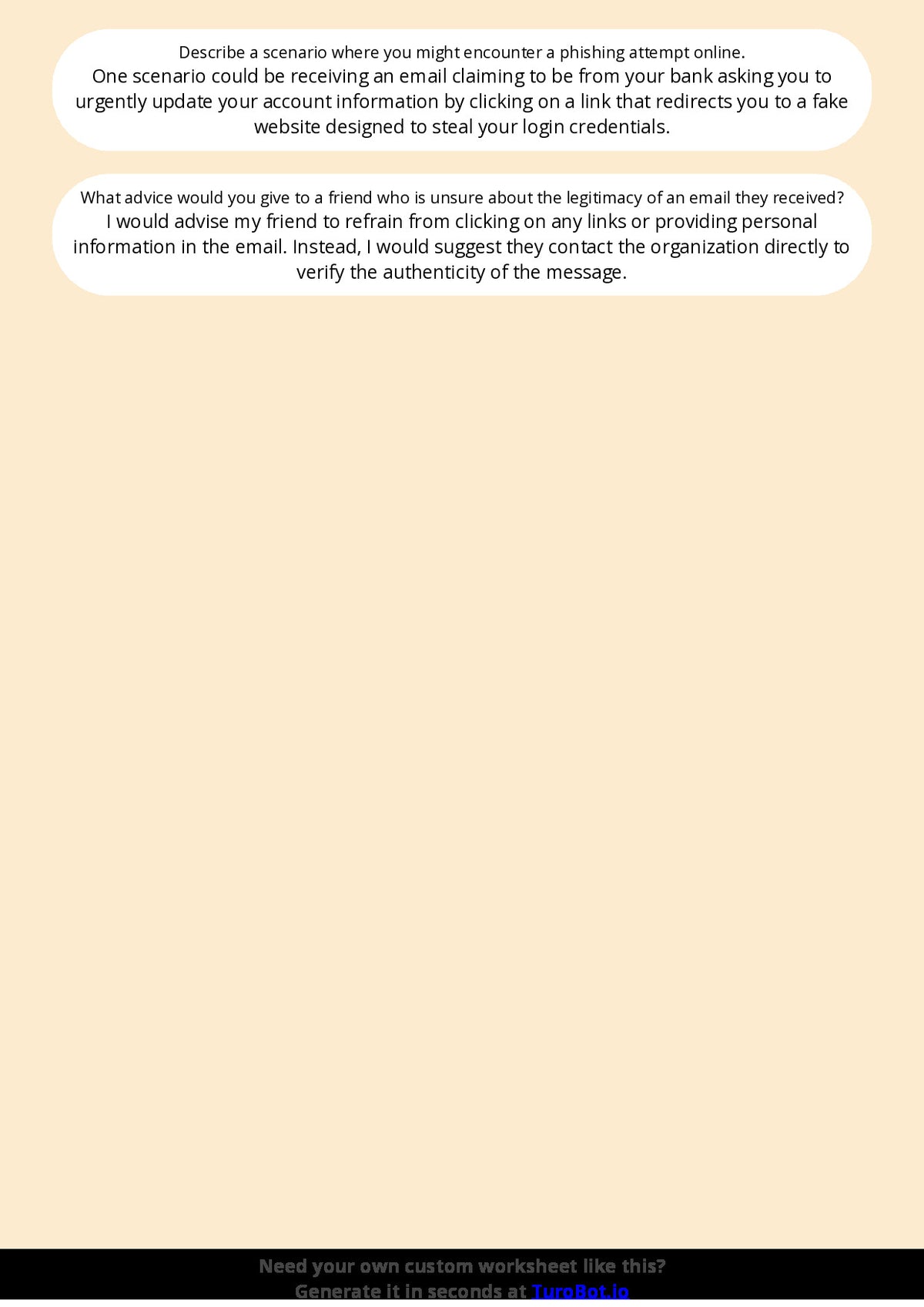 Free Worksheet - Year 6 Technology Recognising Phishing and Scam Messages Short Answer Response