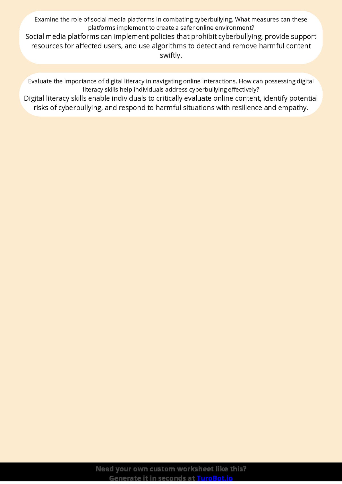 Free Worksheet - Year 7 Technology Understanding Cyberbullying and Online Respect Short Answer Response