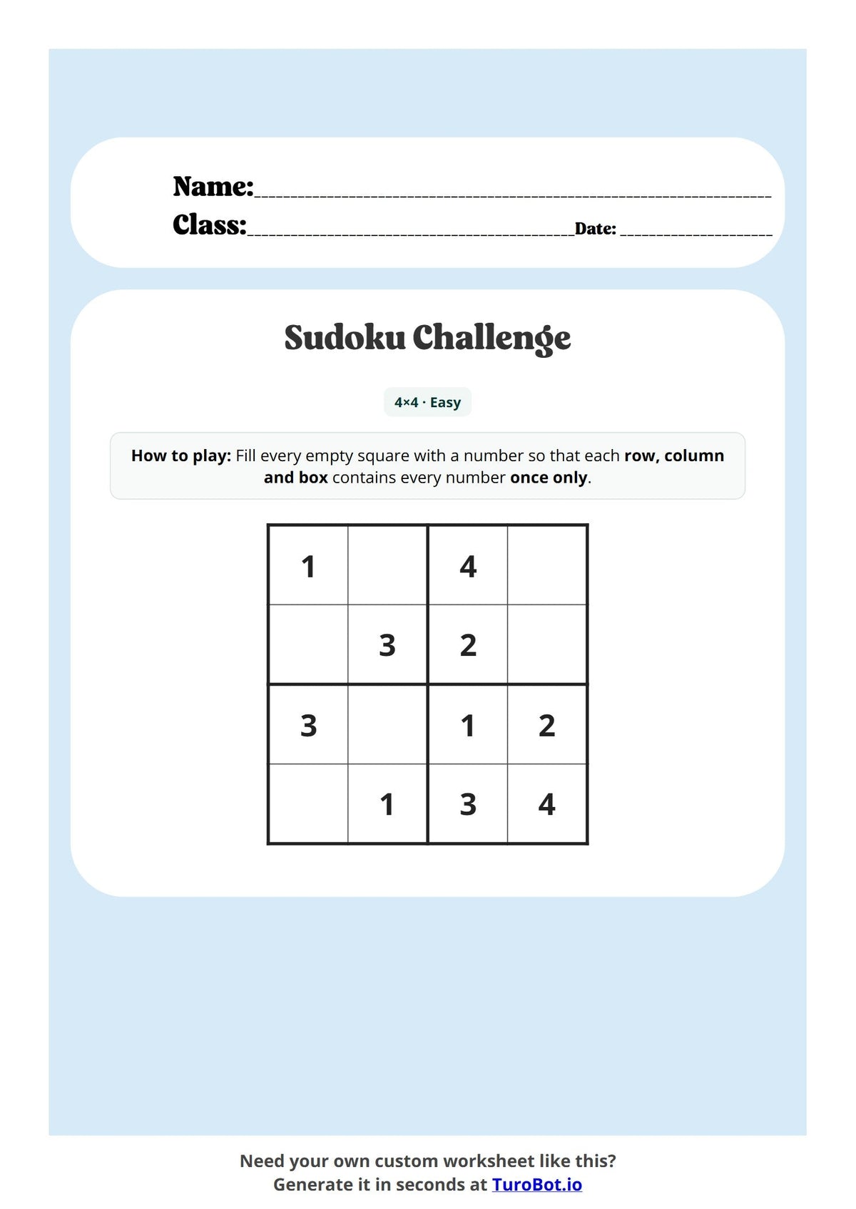 Free Year 5 Math Worksheet - Sudoku 4x4 Grid preview