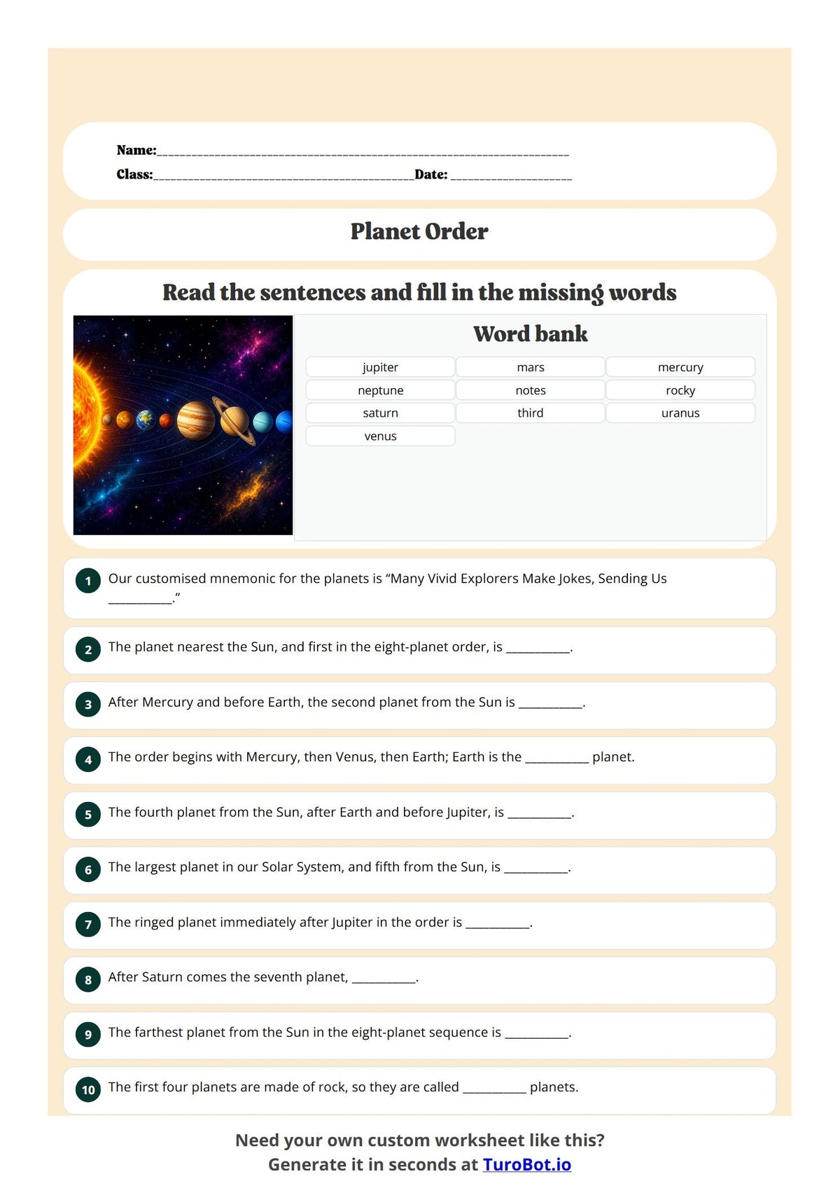 Free Year 5 English Worksheet - Planet Order Mnemonic preview