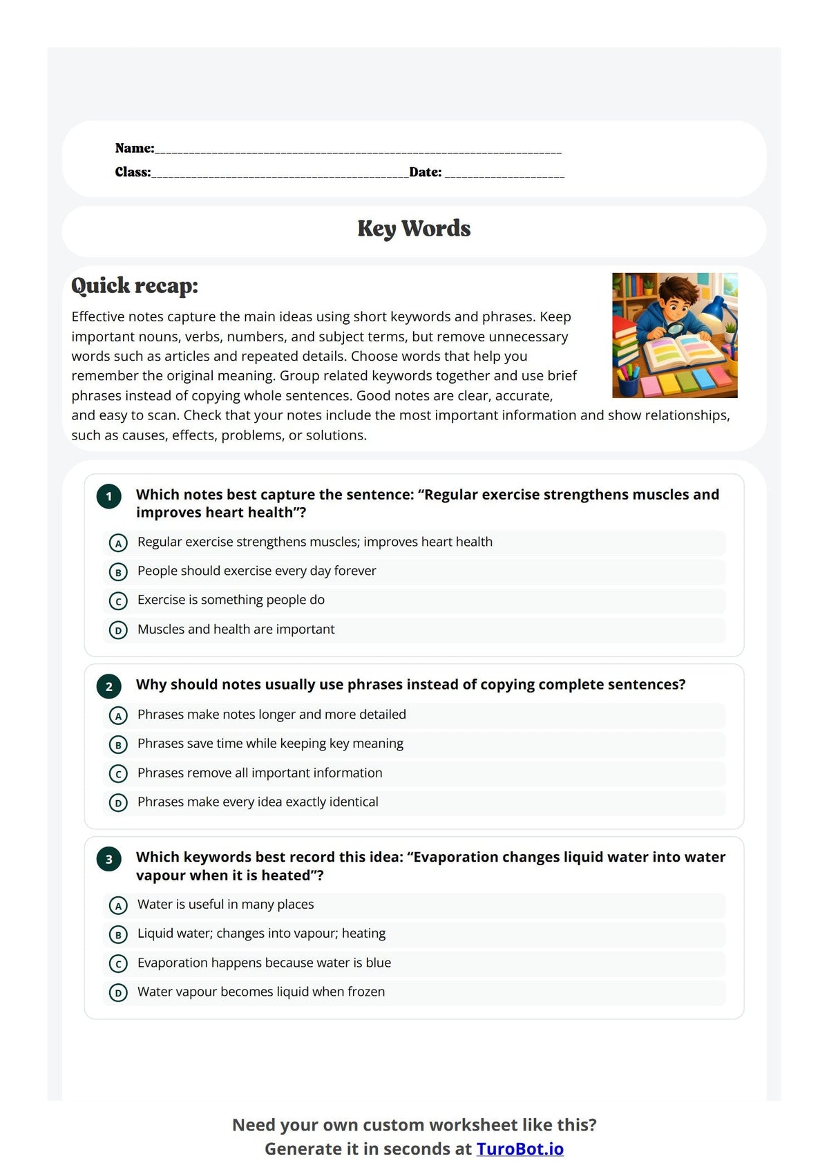 Free Year 6 English Worksheet - Key Words for Effective Note Taking preview