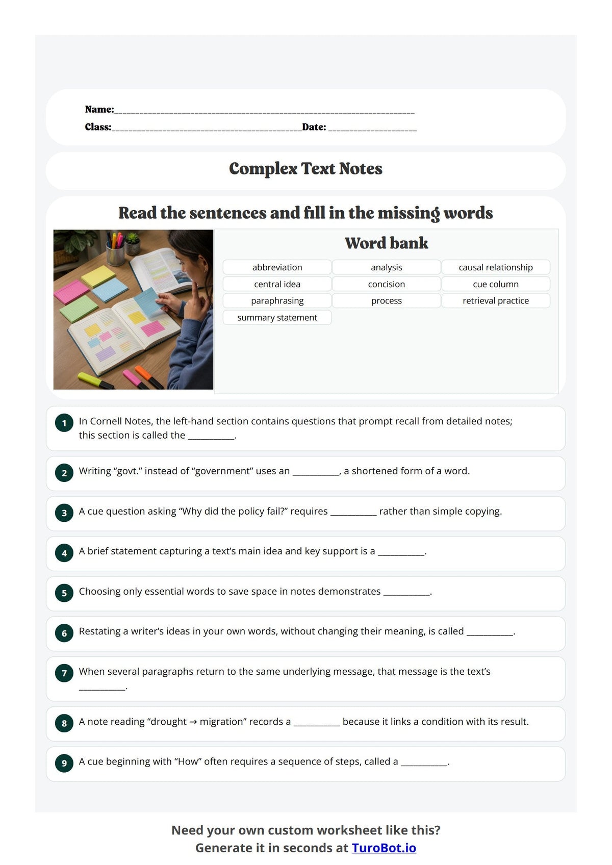 Free Year 10 English Worksheet - Complex Text Notes preview