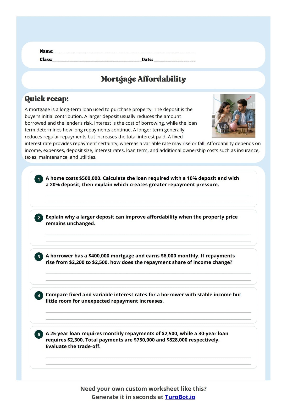 Free Year 12 Business Math Worksheet - Mortgage Affordability preview