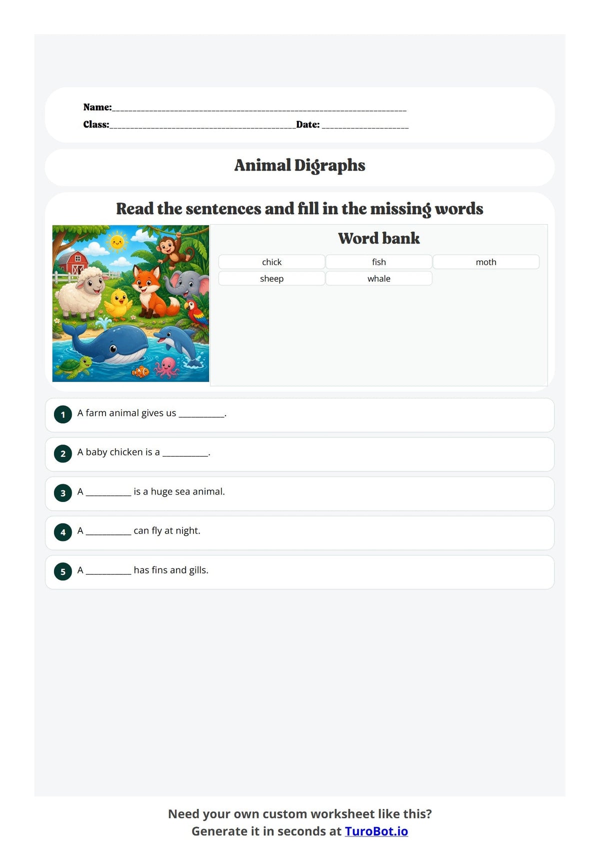 Free Year 1 English Worksheet - Animal Digraphs preview