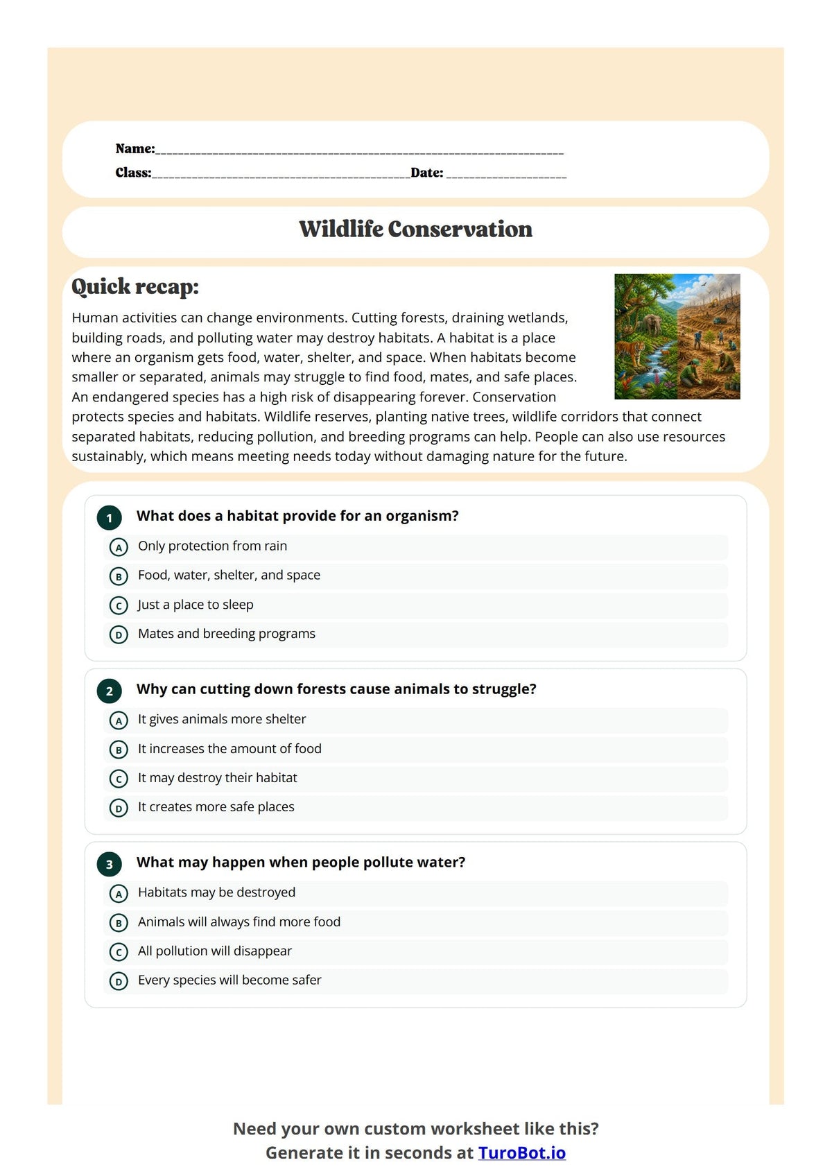 Free Year 5 Science Worksheet - Wildlife Conservation preview