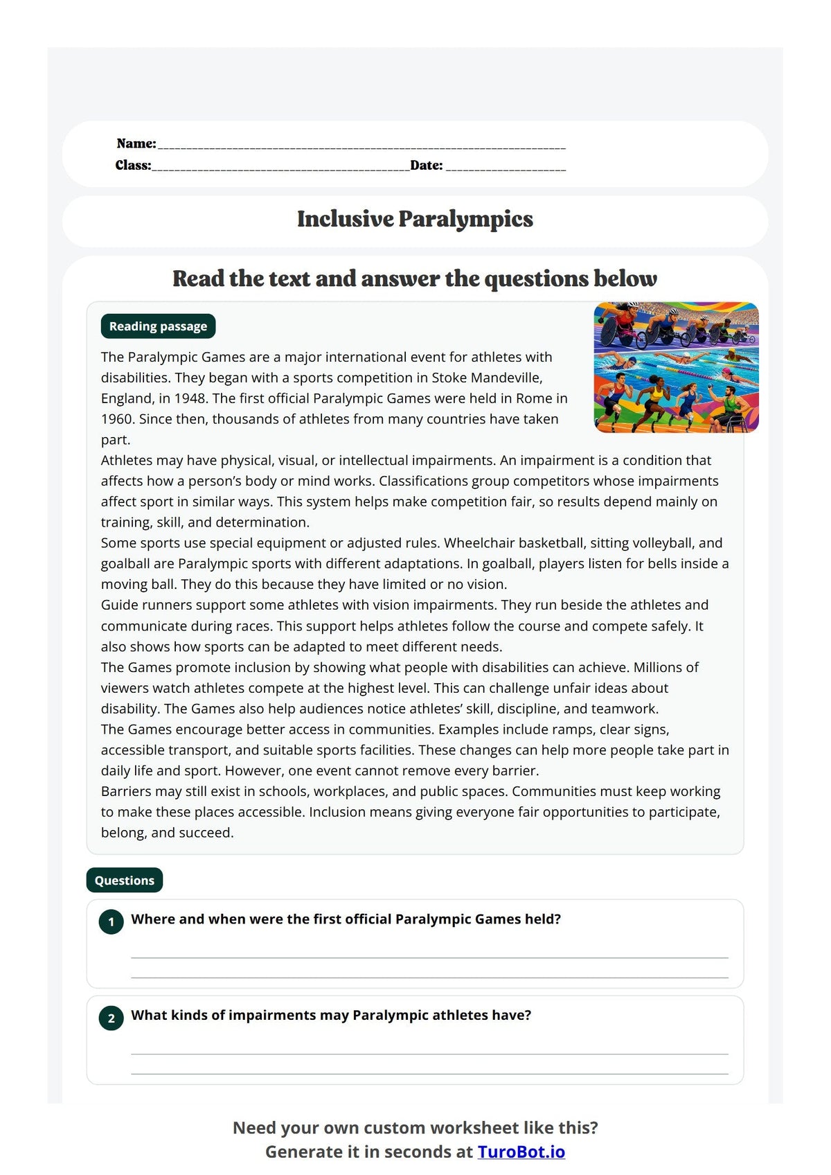 Free Year 6 Worksheet - Inclusive Paralympics preview