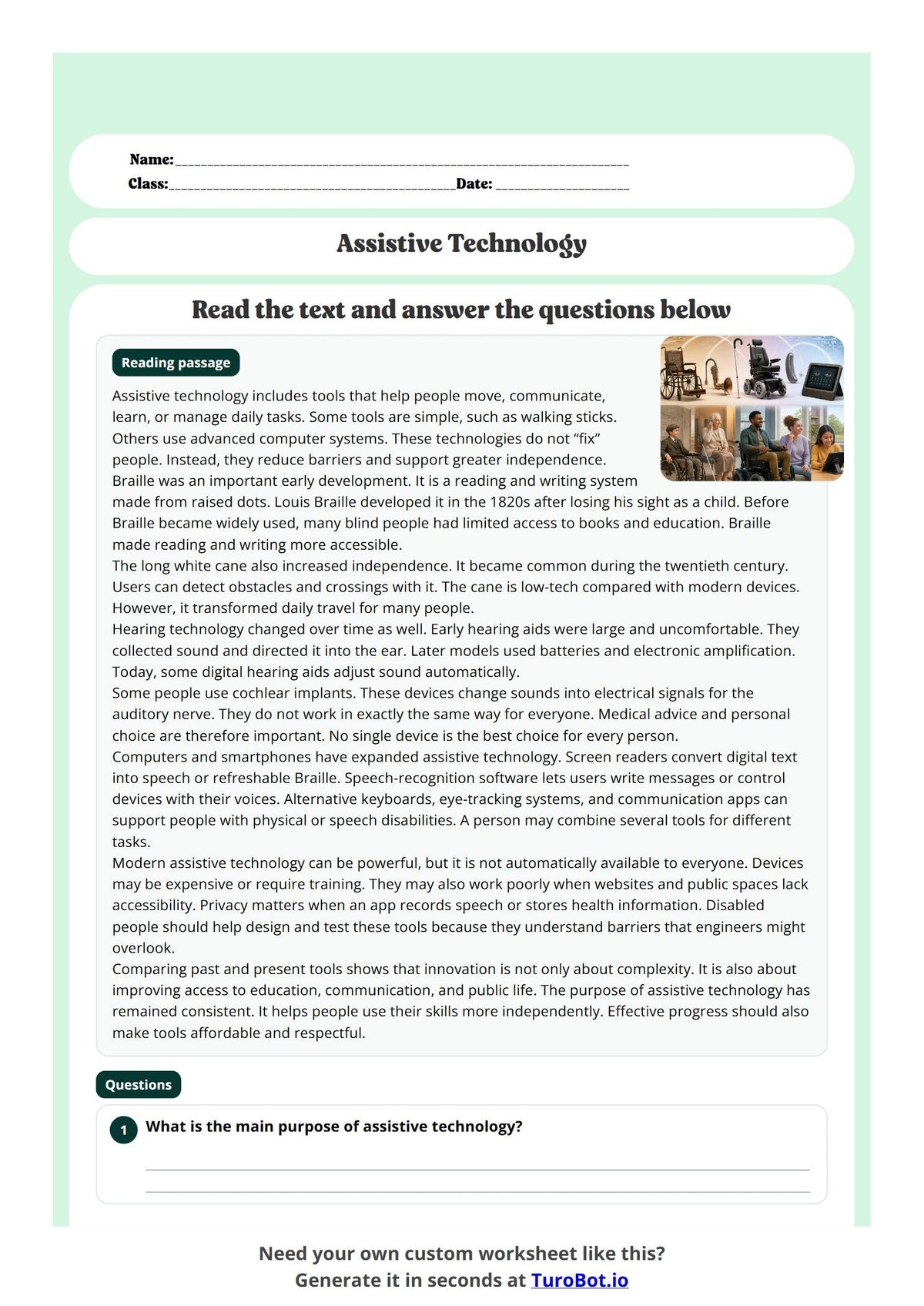 Free Year 9 Worksheet - Assistive Technology preview