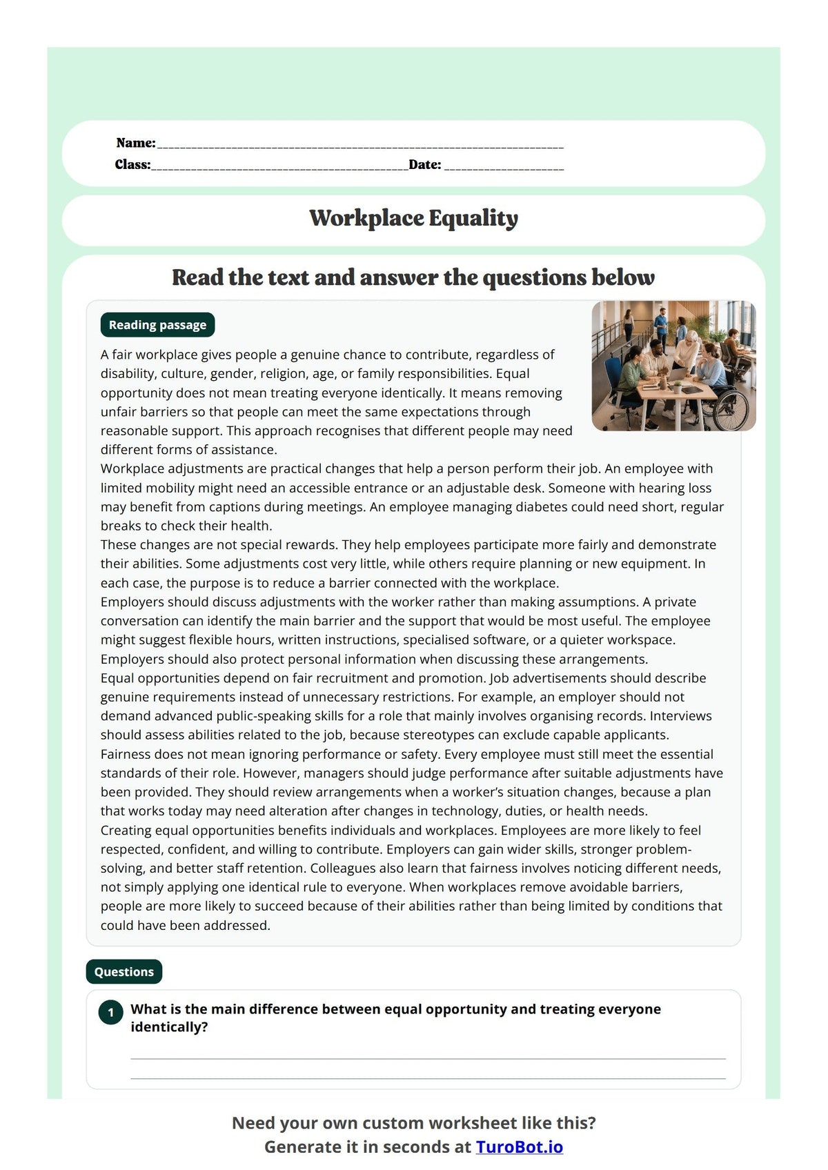 Free Year 10 Worksheet - Workplace Equality preview