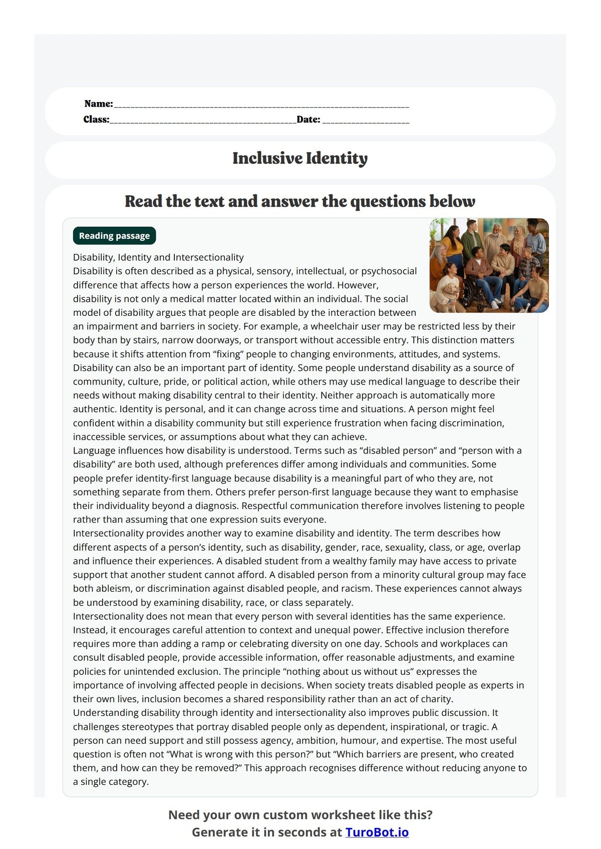 Free Year 12 Worksheet - Inclusive Identity preview